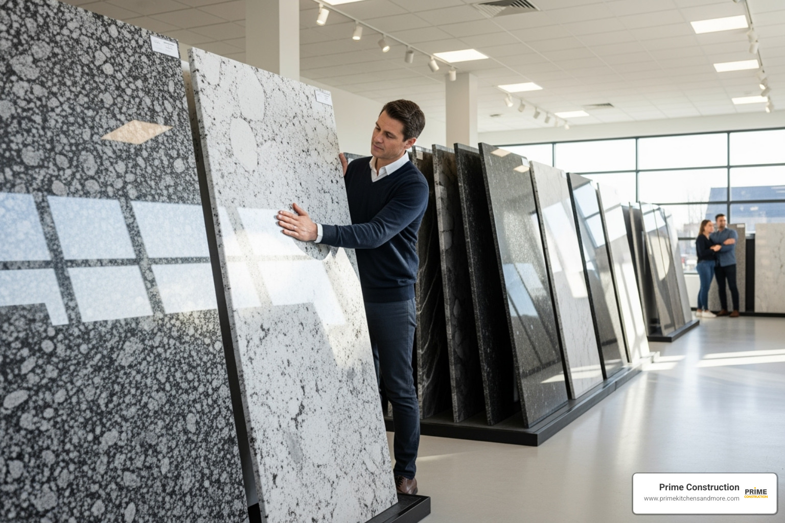 homeowner viewing various granite slabs in a showroom - kitchen granite countertop installation orlando fl