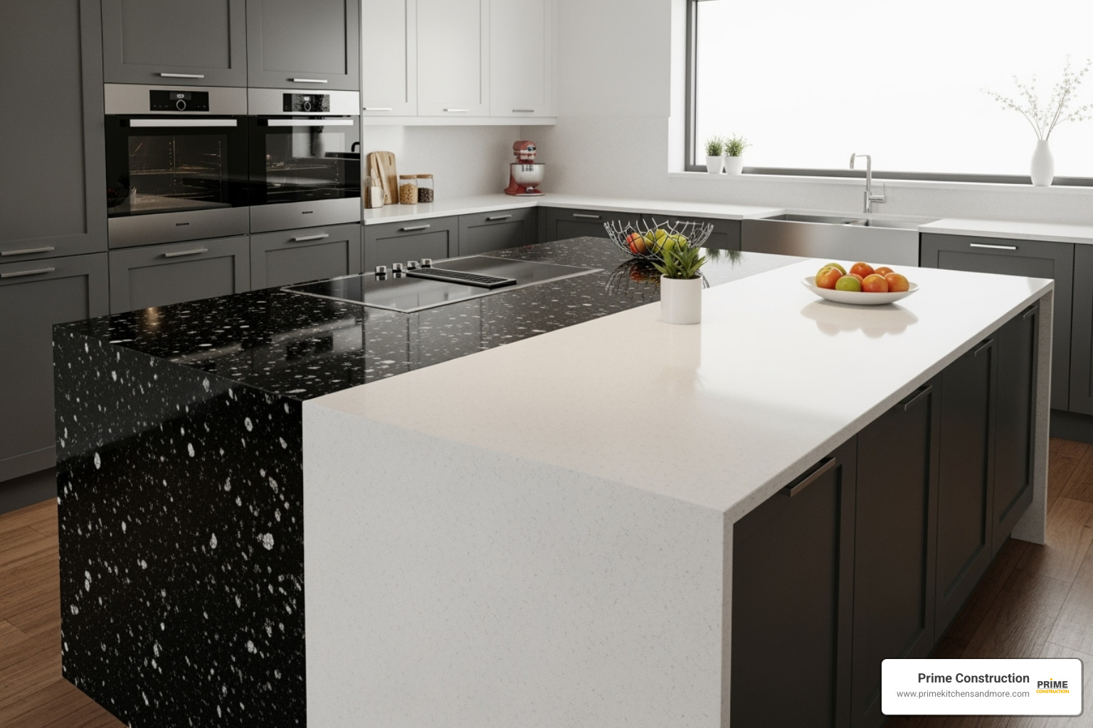split kitchen showing granite on one side and quartz on the other - kitchen granite countertop installation orlando fl