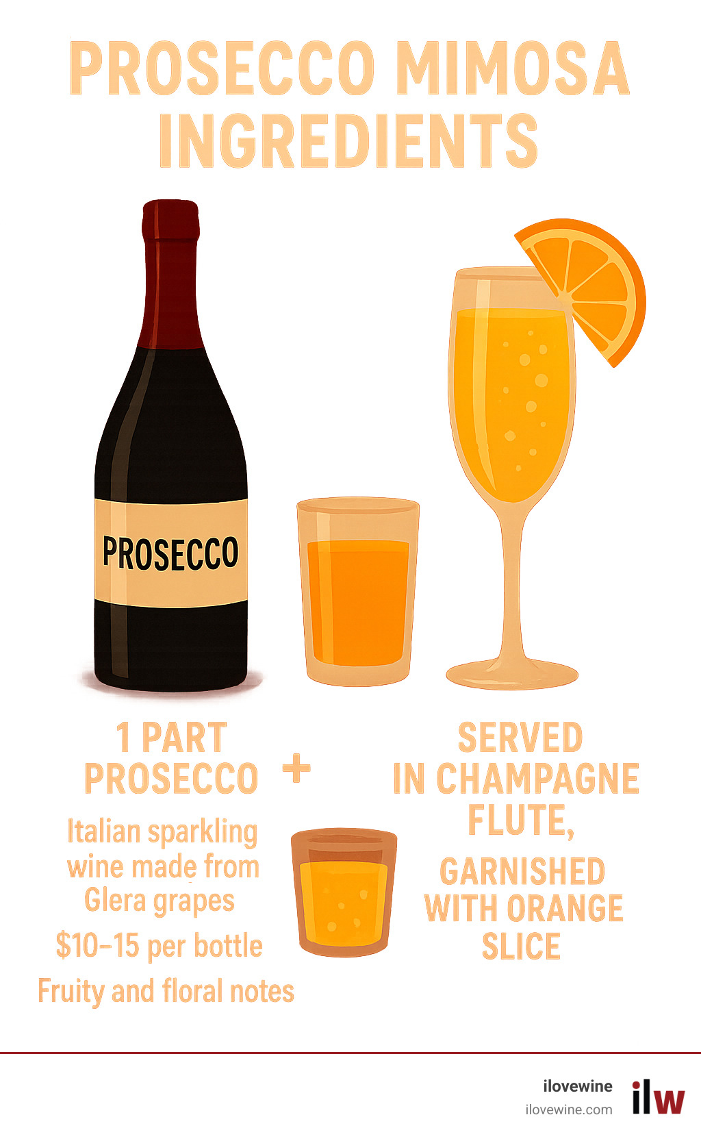 Infographic showing Prosecco mimosa ingredients: 1 part Prosecco (Italian sparkling wine made from Glera grapes, $10-15 per bottle, fruity and floral notes) + 1 part fresh orange juice, served in champagne flute, garnished with orange slice - can you use prosecco for mimosas infographic 