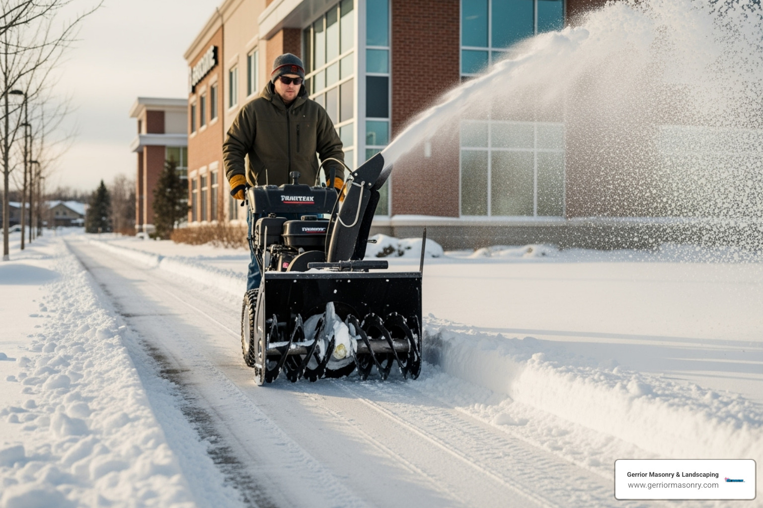 A team member using a commercial snow blower on a sidewalk. - Commercial snow removal