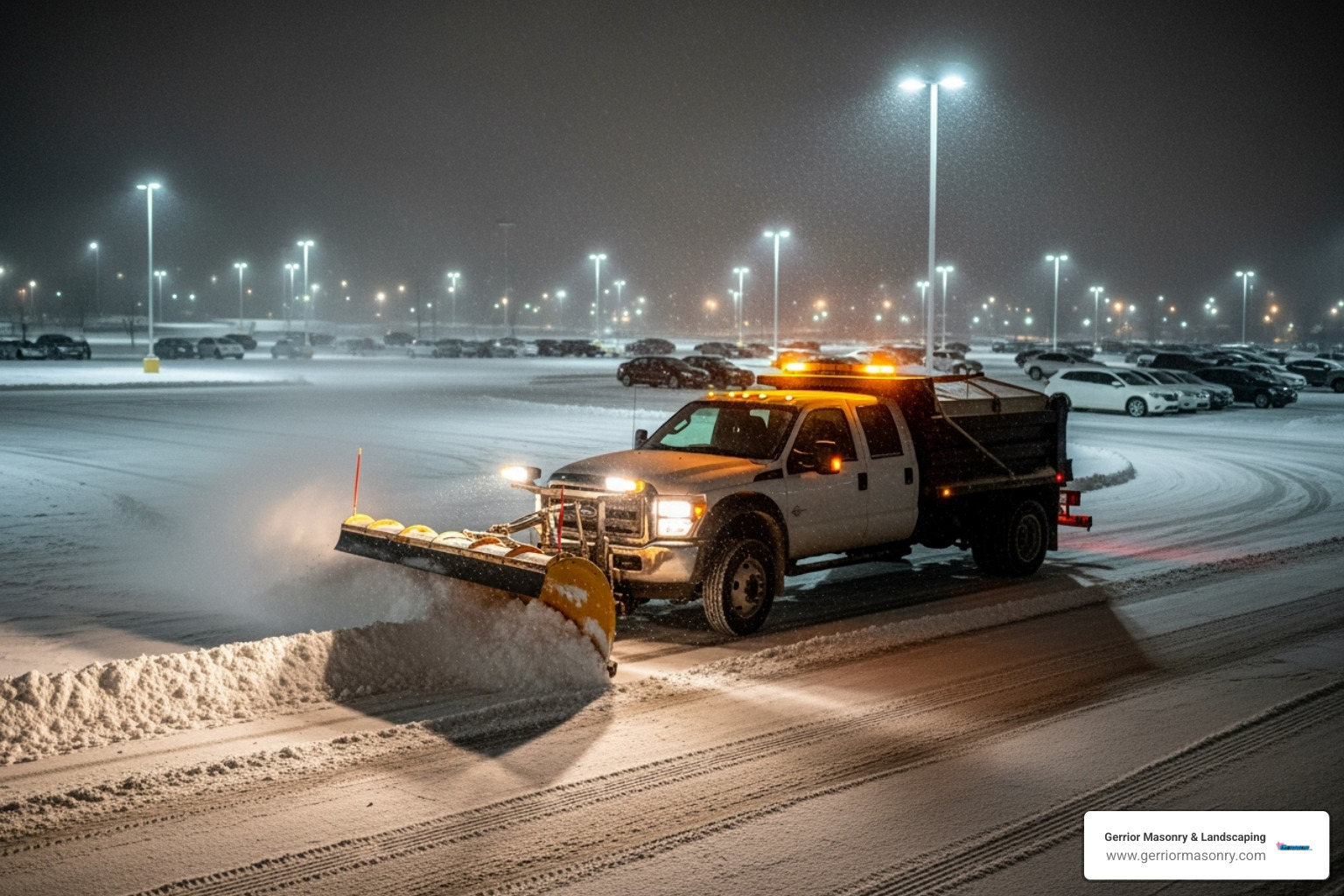 A commercial-grade plow truck clearing a large parking lot at night. - Commercial snow removal