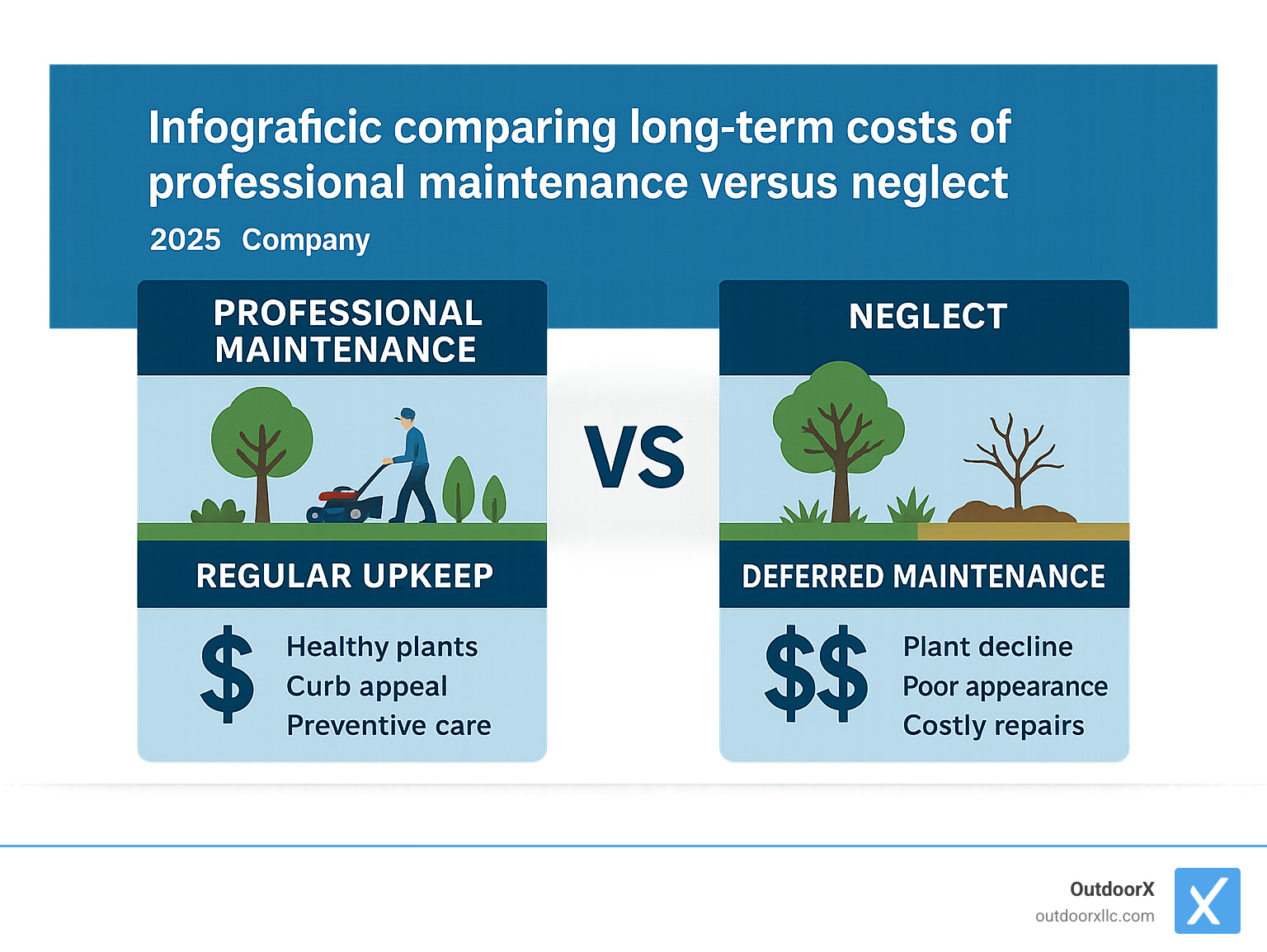 Infographic comparing long-term costs of professional maintenance versus neglect - commercial landscape maintenance near me infographic 
