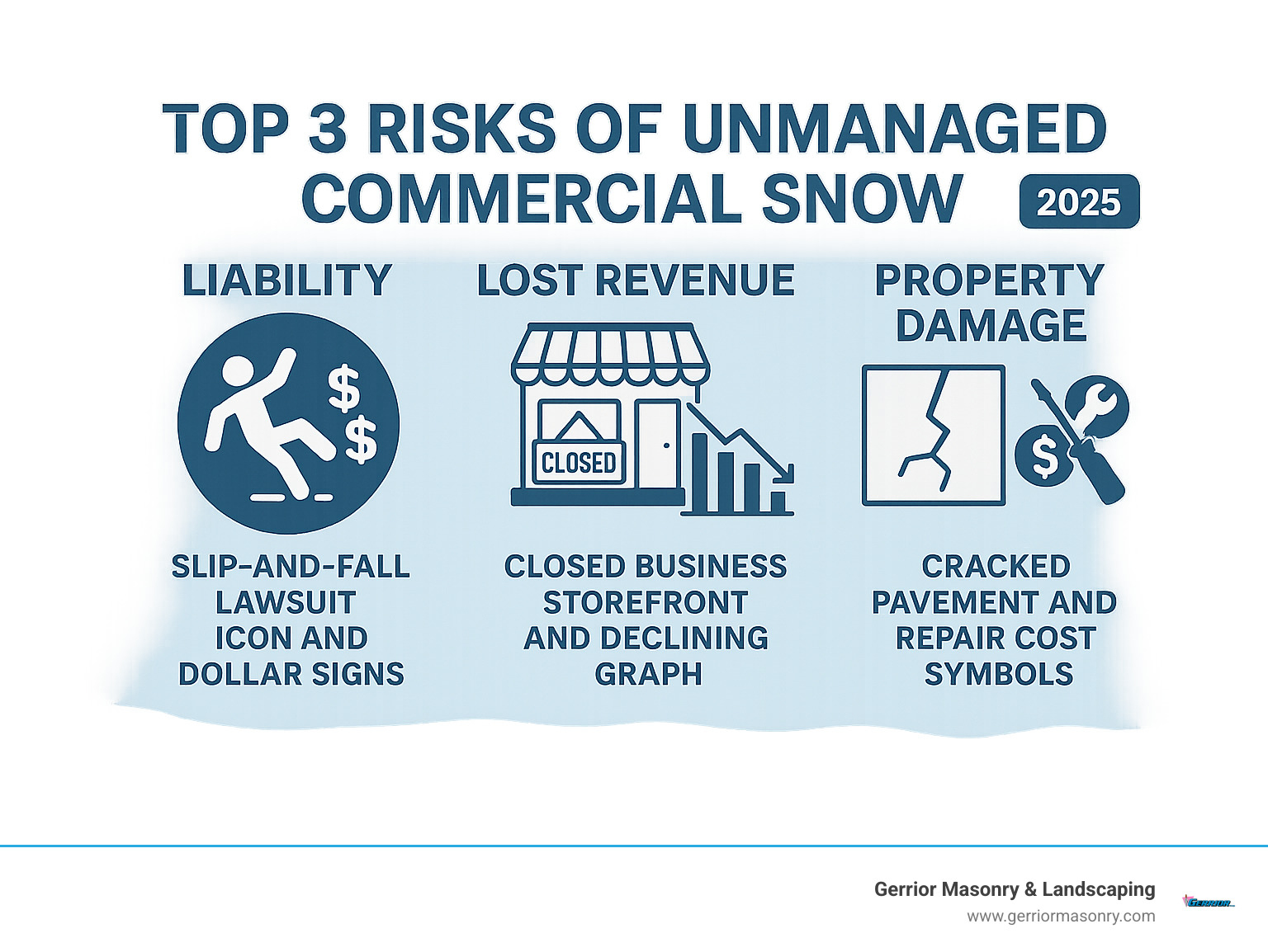 Infographic showing the top 3 risks of unmanaged commercial snow: Liability with slip-and-fall lawsuit icon and dollar signs, Lost Revenue with closed business storefront and declining graph, and Property Damage with cracked pavement and repair cost symbols - Commercial snow removal infographic 