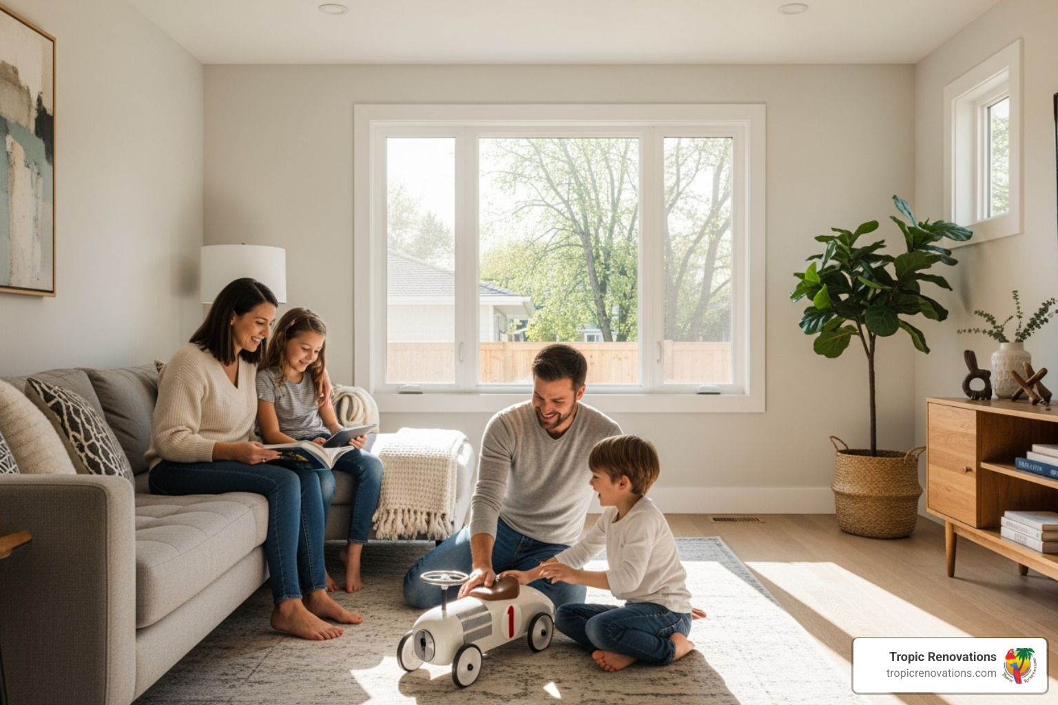 A family enjoying their newly renovated living space, illustrating a successful home project outcome - can a building contractor design house plans