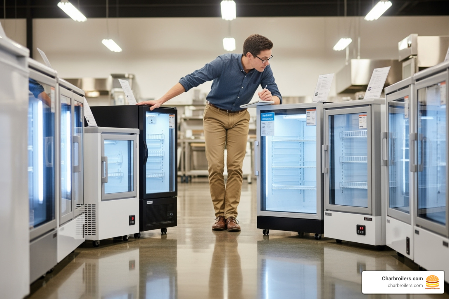 person comparing display freezers - compact display freezer person comparing display freezers - compact display freezer