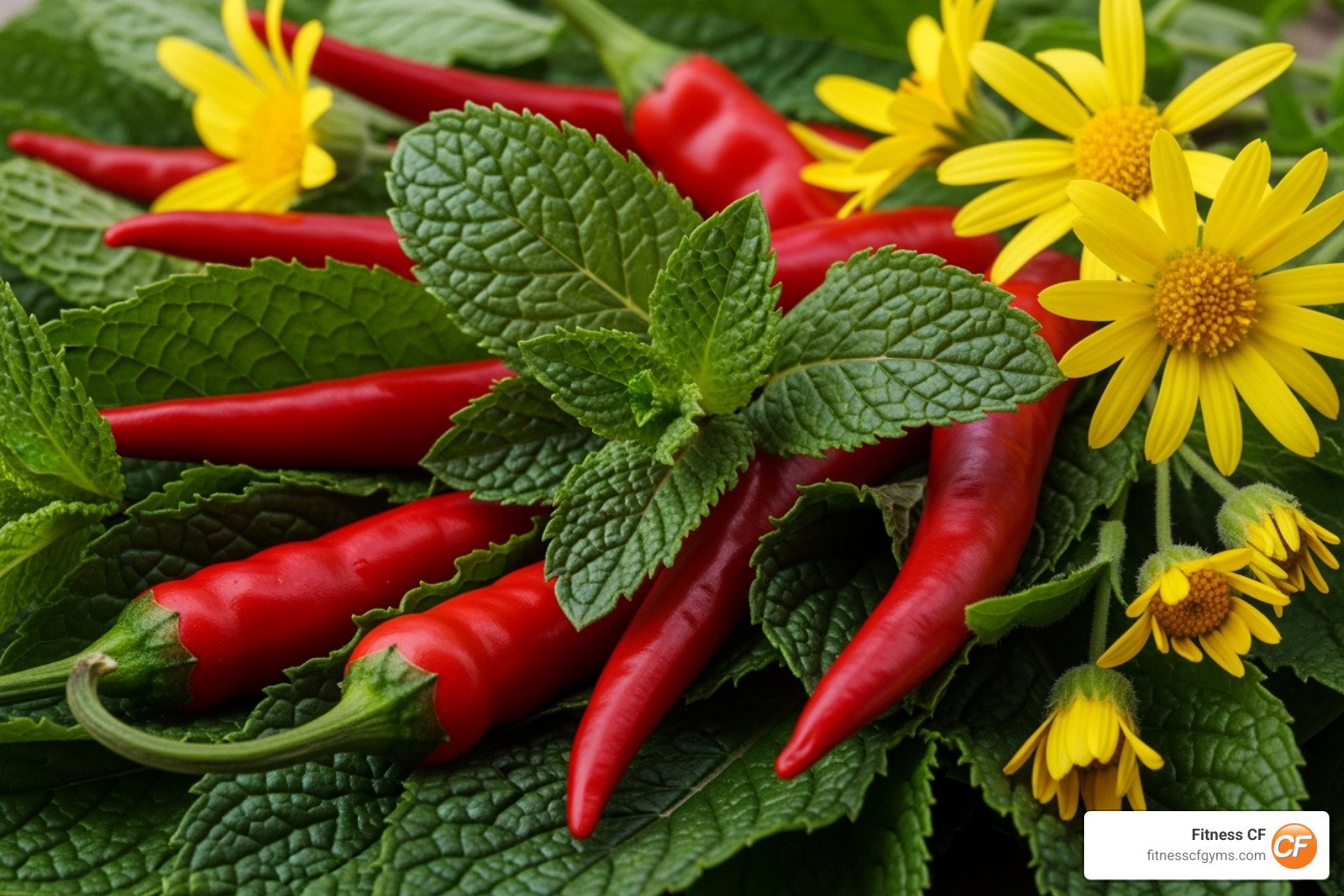 image of various natural ingredients like mint, chili peppers, and arnica flowers - what is the best pain relief balm
