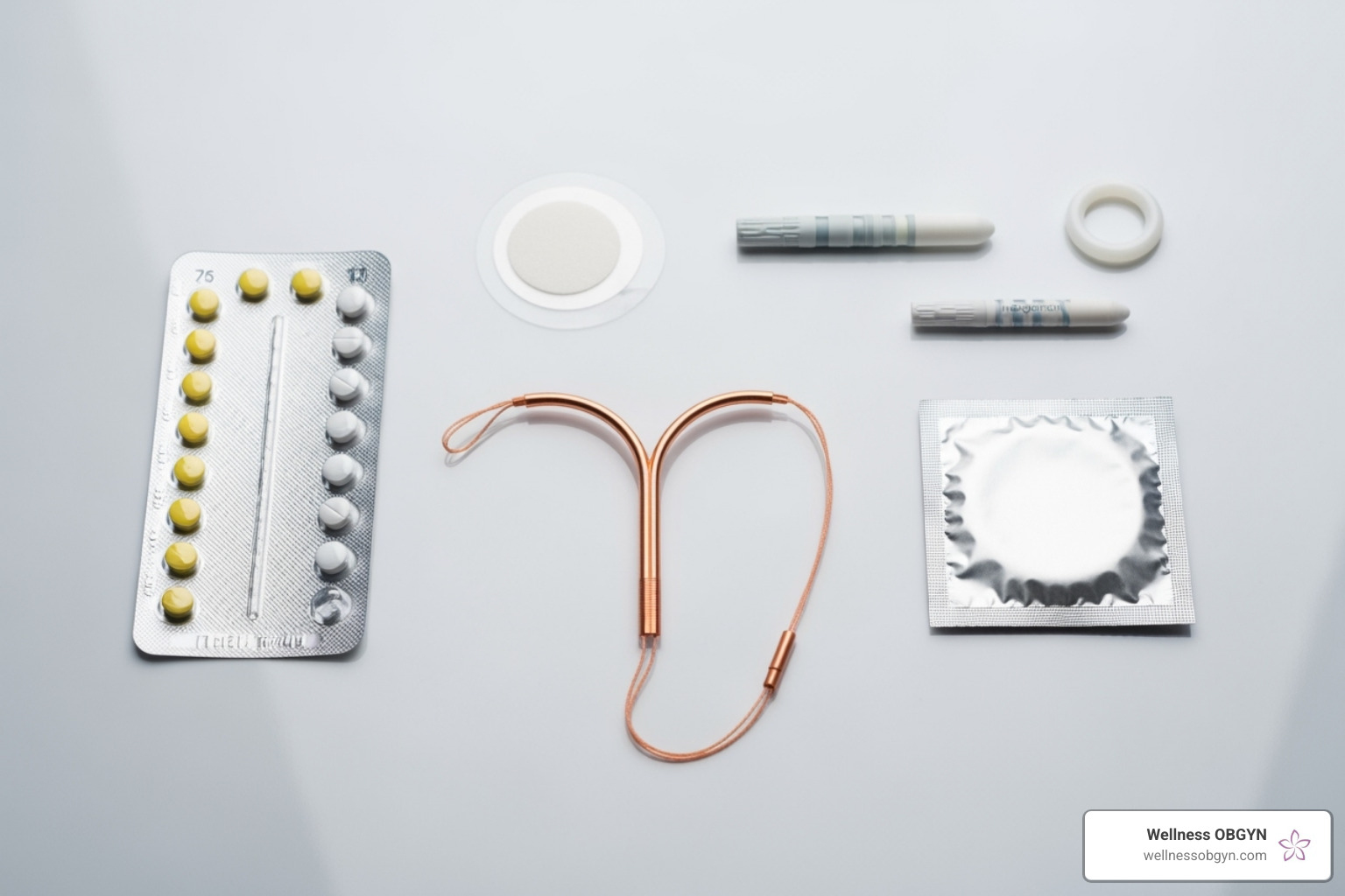 Image of various birth control methods, such as an IUD, a pill pack, and a condom, arranged on a clean background. - chance contraceptive method
