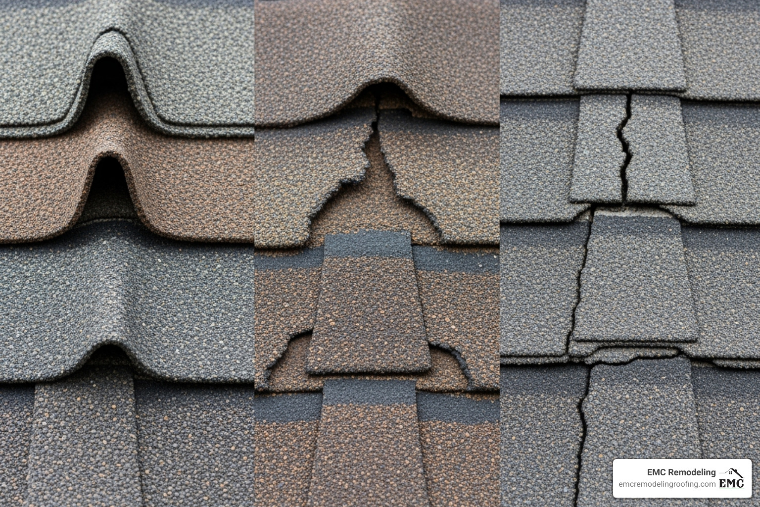 image gallery showing close-ups of curling shingles, missing granules, and cracked shingles - roof replacement Leander TX