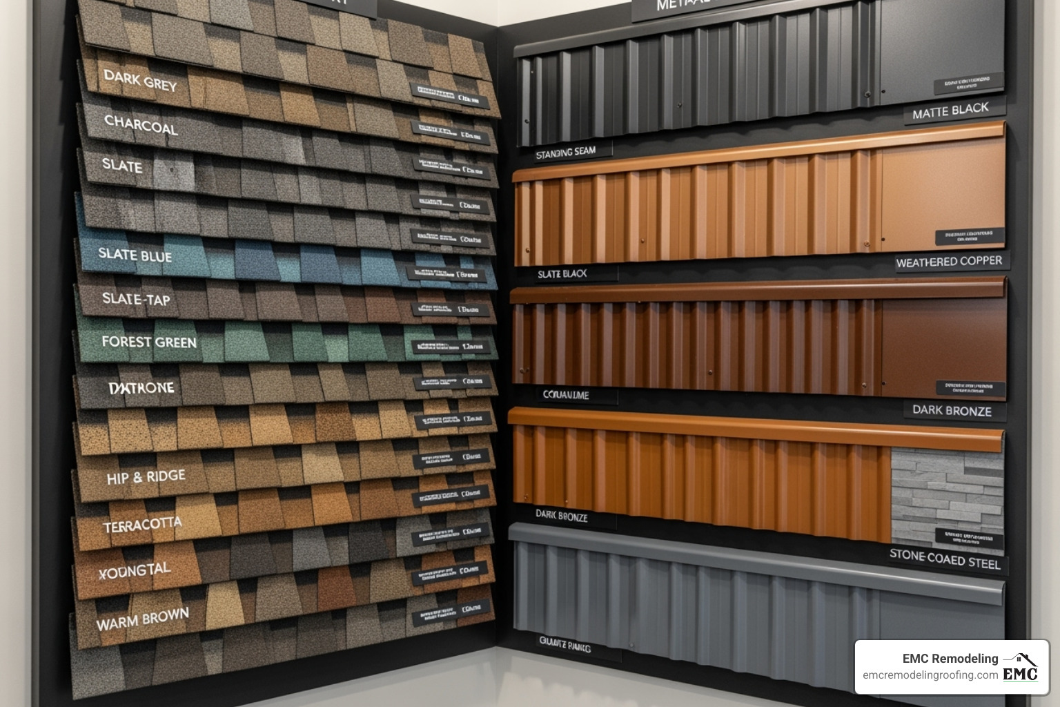 image of various roofing material samples like asphalt shingles and metal panels - roof replacement Leander TX