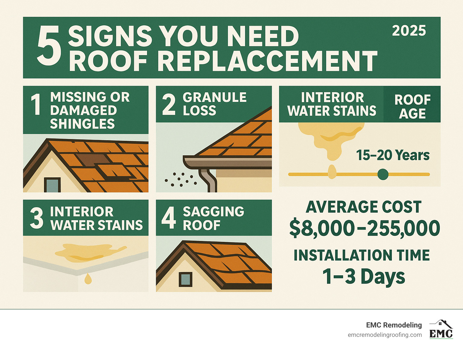 Comprehensive infographic showing the 5 key signs indicating roof replacement needs: 1) Missing or damaged shingles with visual examples, 2) Granule loss accumulation in gutters, 3) Interior water stains on ceilings, 4) Sagging or uneven roof sections, 5) Roof age timeline showing 15-20 year replacement cycle for asphalt shingles, plus average costs $8,000-$25,000 and typical 1-3 day installation timeline - roof replacement Leander TX infographic 