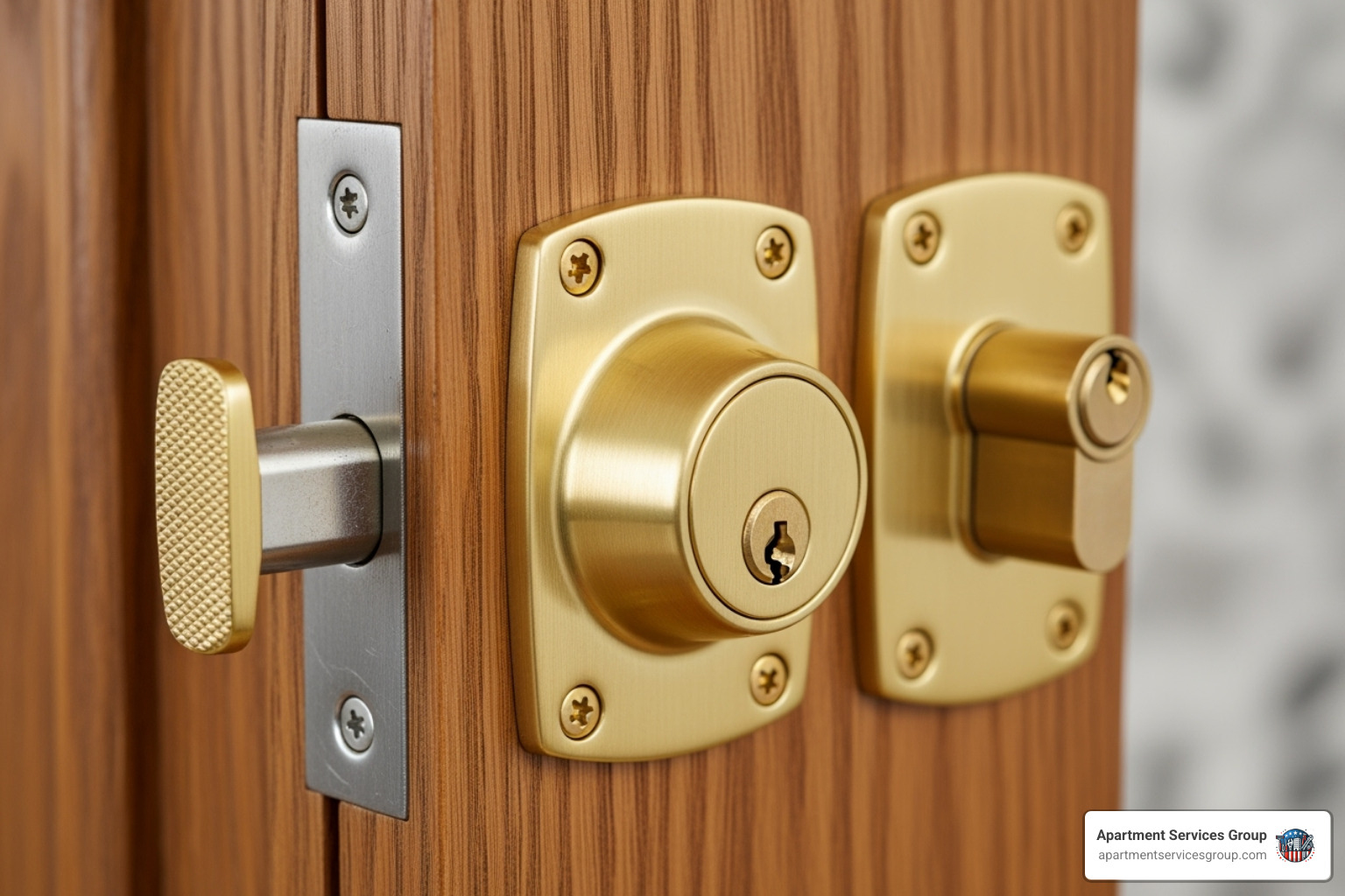 A high-quality deadbolt lock on a sturdy apartment door, symbolizing strong physical security. - apartment break-in prevention