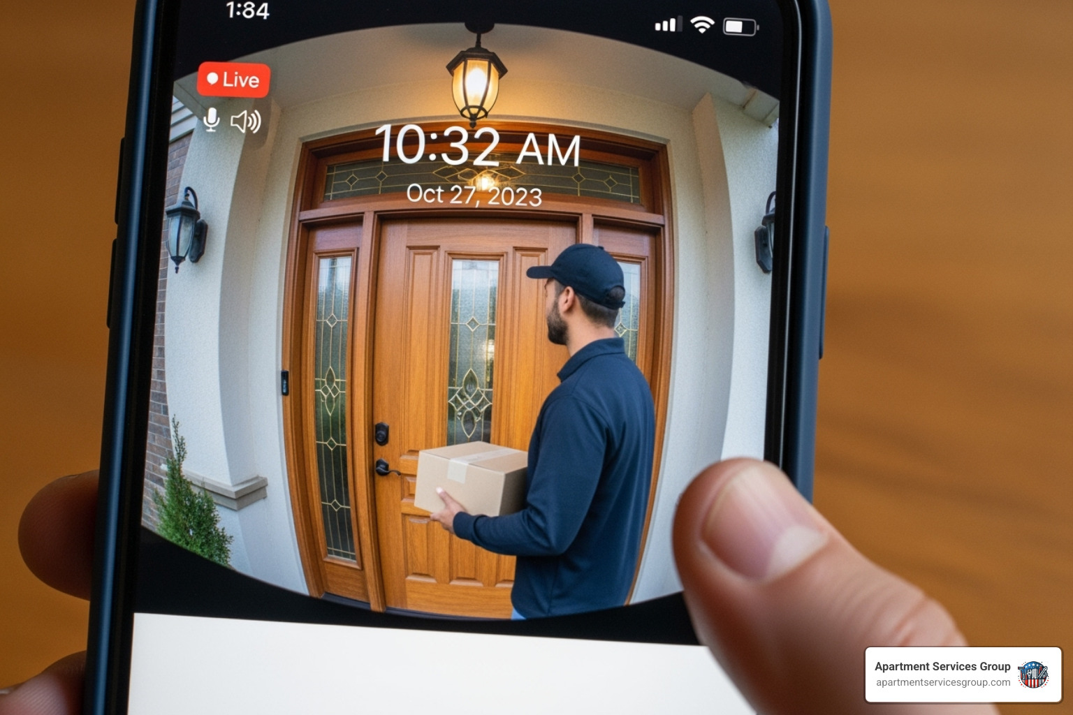 A smartphone screen displaying a live feed from a doorbell camera, demonstrating smart home security. - apartment break-in prevention