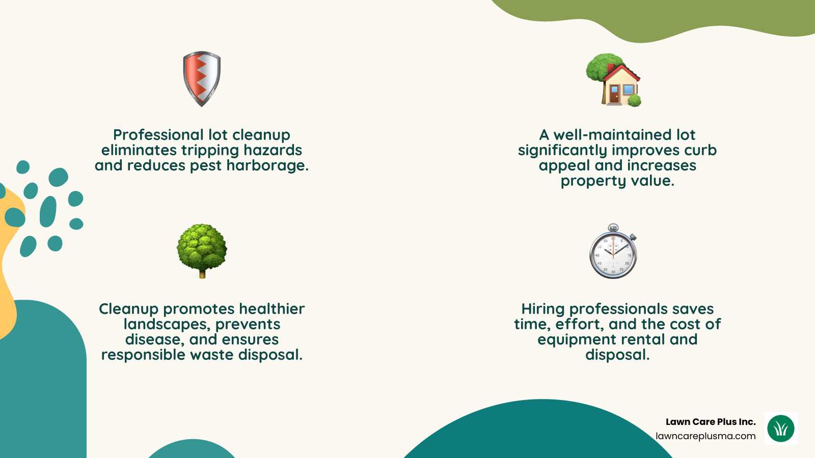 Professional lot cleanup process showing before and after change, equipment used, safety benefits, property value increase, and environmental considerations - lot clean up service near me infographic 4_facts_emoji_nature