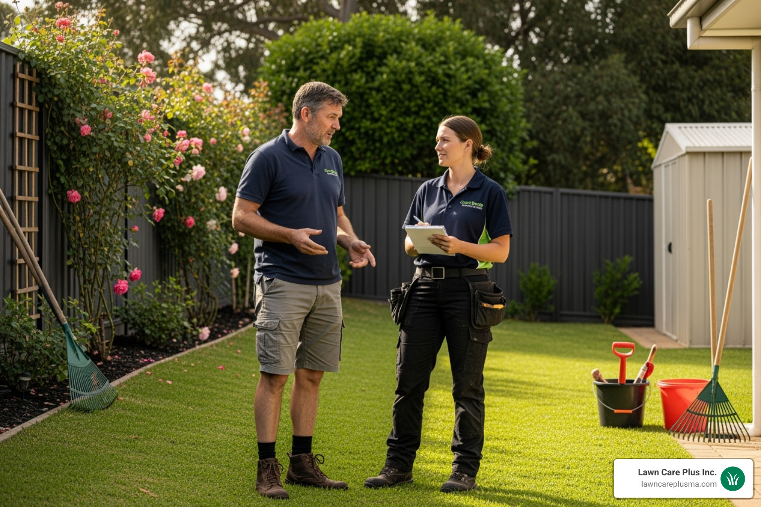 homeowner talking with professional - lot clean up service near me
