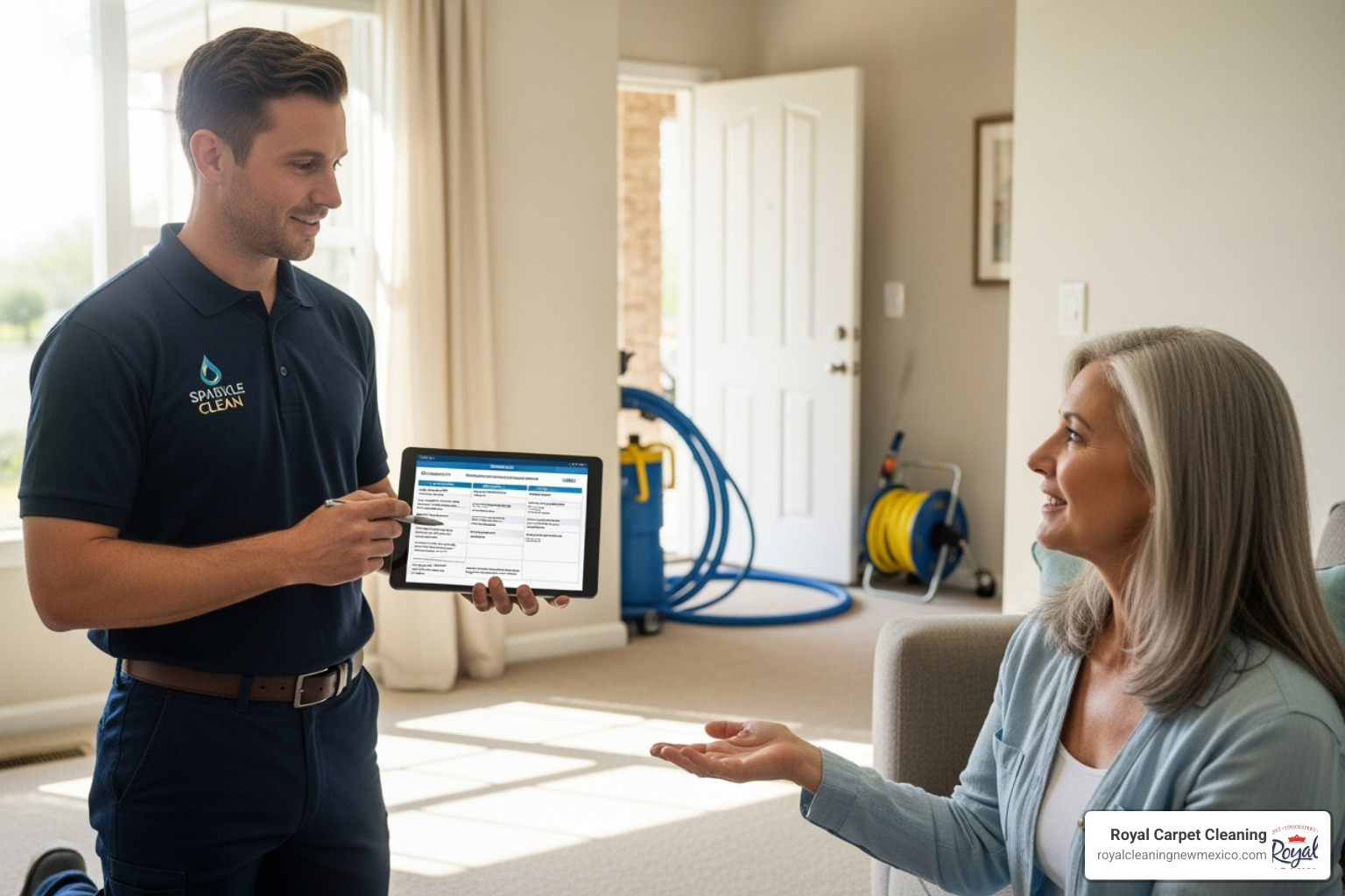 a technician providing a quote to a homeowner - top rated carpet cleaners near me