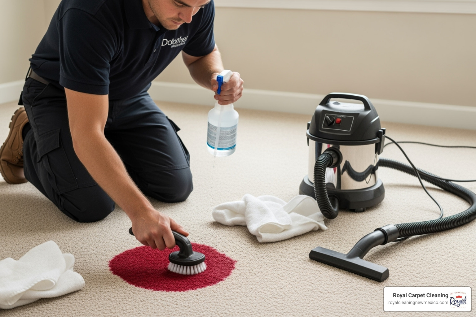 a technician treating a tough wine stain - top rated carpet cleaners near me