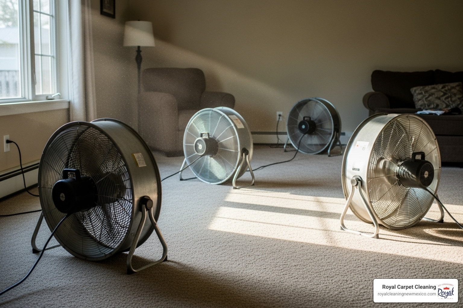 a room with fans drying a freshly cleaned carpet - top rated carpet cleaners near me