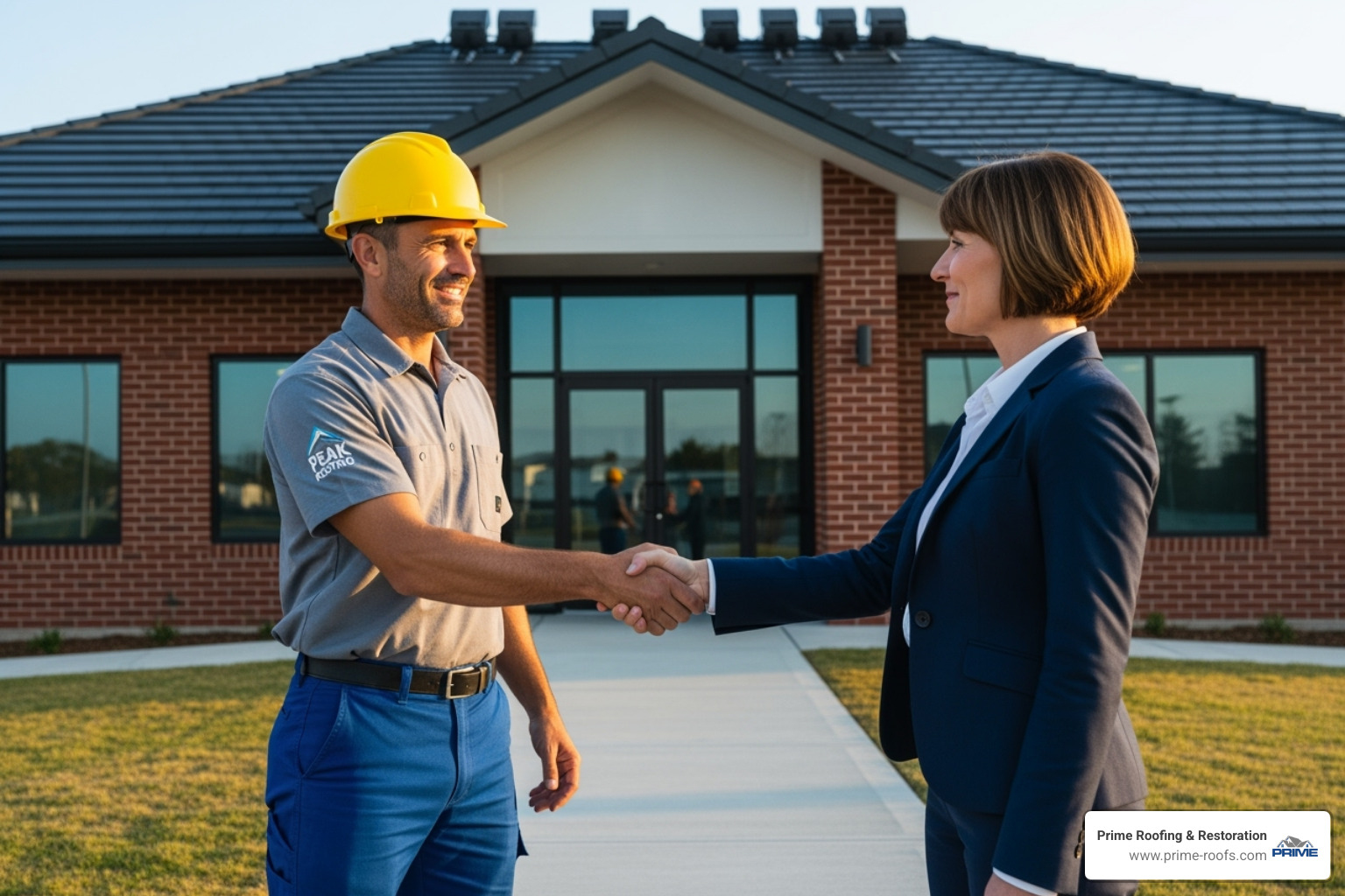A professional roofer shaking hands with a satisfied business owner - Business roof repair