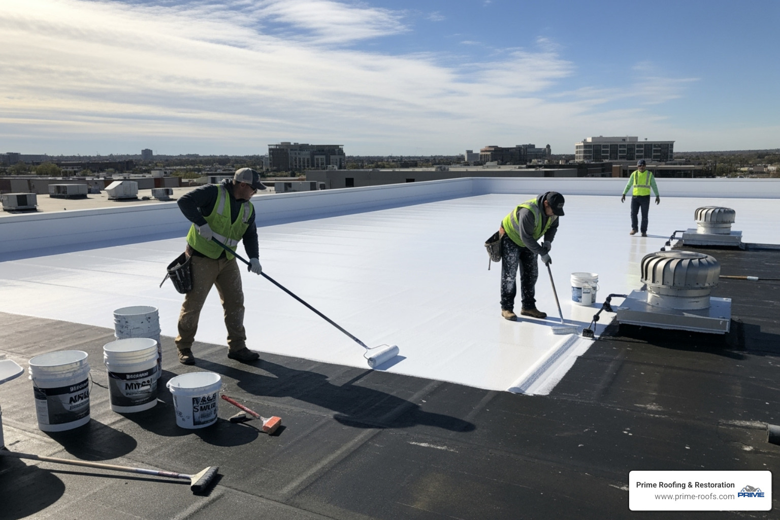 A roofing crew professionally applying a reflective roof coating - Business roof repair