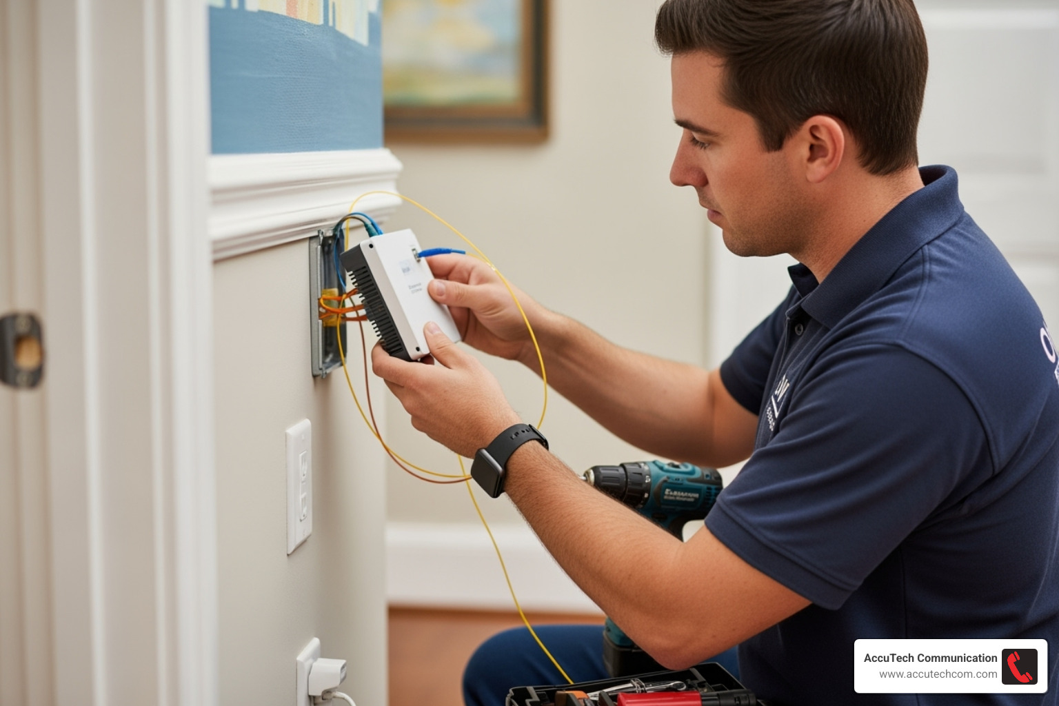 Technician installing an Optical Network Terminal - Fiber optic installation