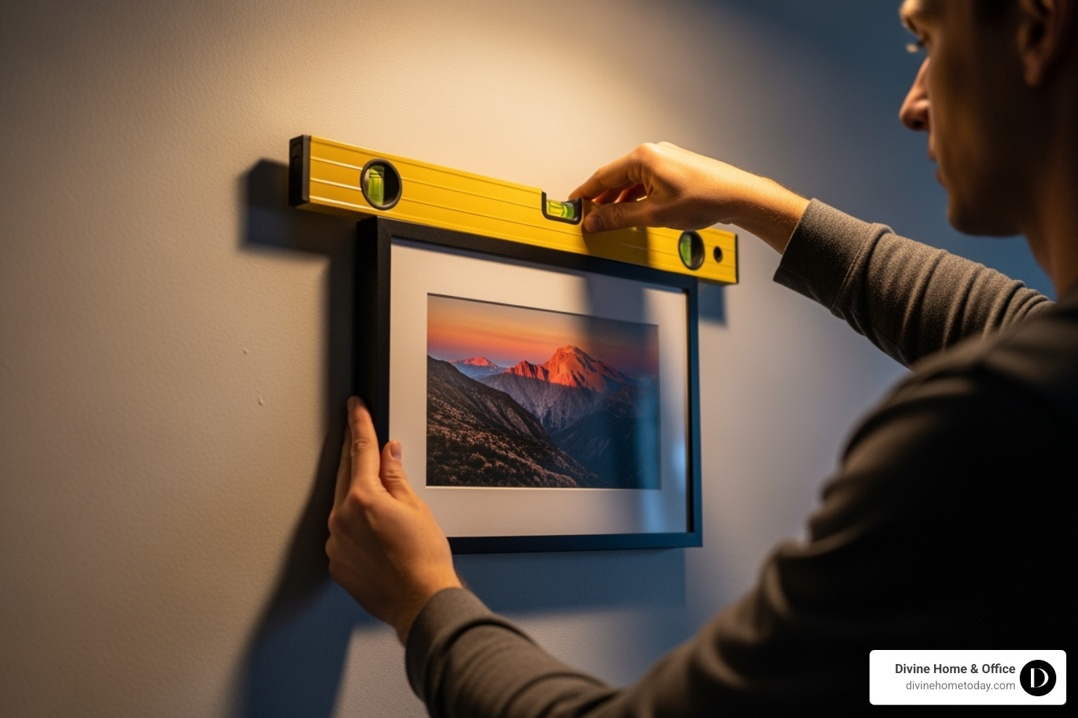 A person using a level to straighten a picture frame on a wall, demonstrating precision in hanging artwork - hanging artwork