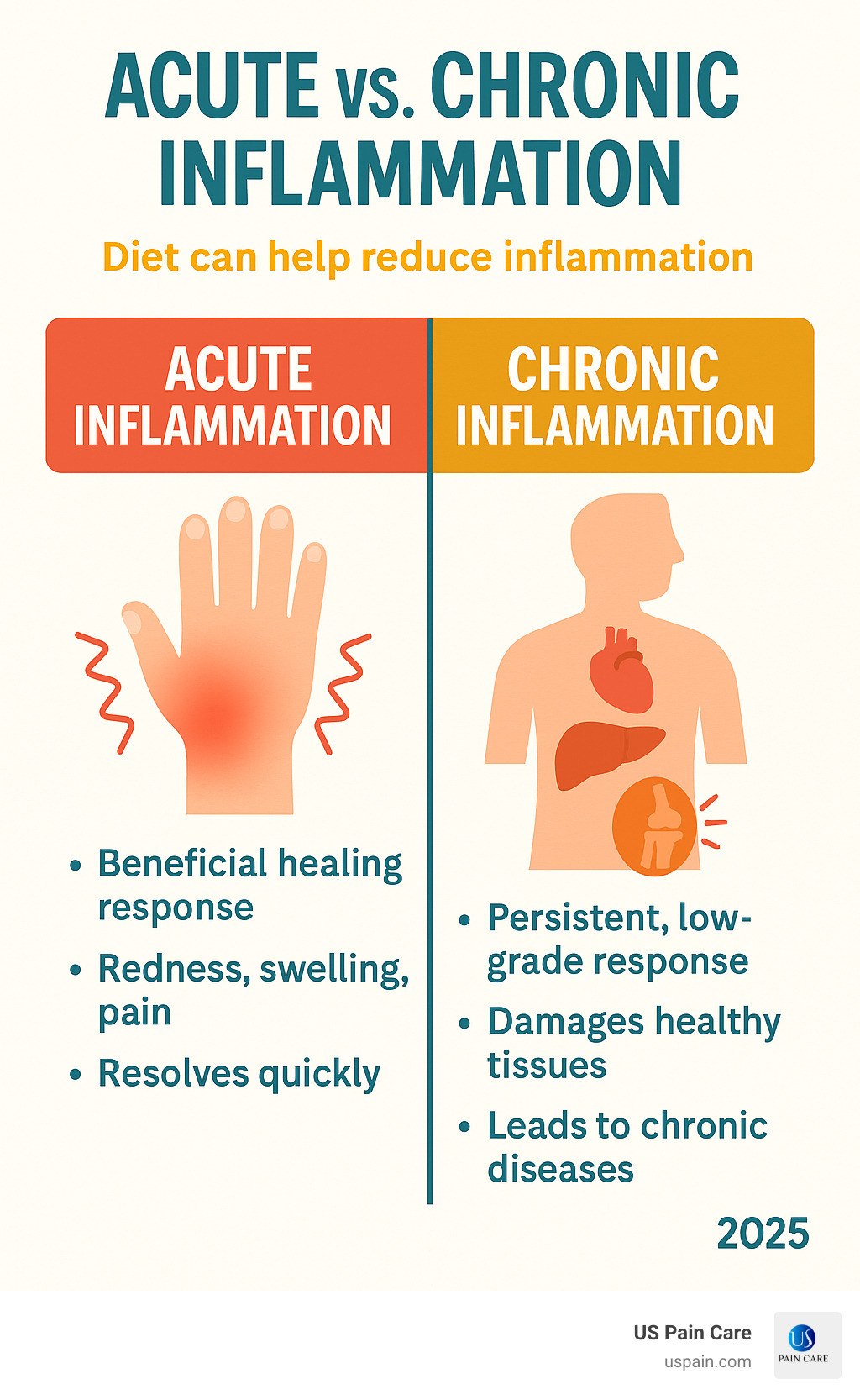 Infographic showing the difference between acute inflammation (beneficial healing response with redness, swelling, and pain that resolves quickly) versus chronic inflammation (persistent, low-grade inflammatory response that damages healthy tissues and leads to chronic diseases like heart disease, diabetes, and arthritis) - diet to reduce inflammation infographic 