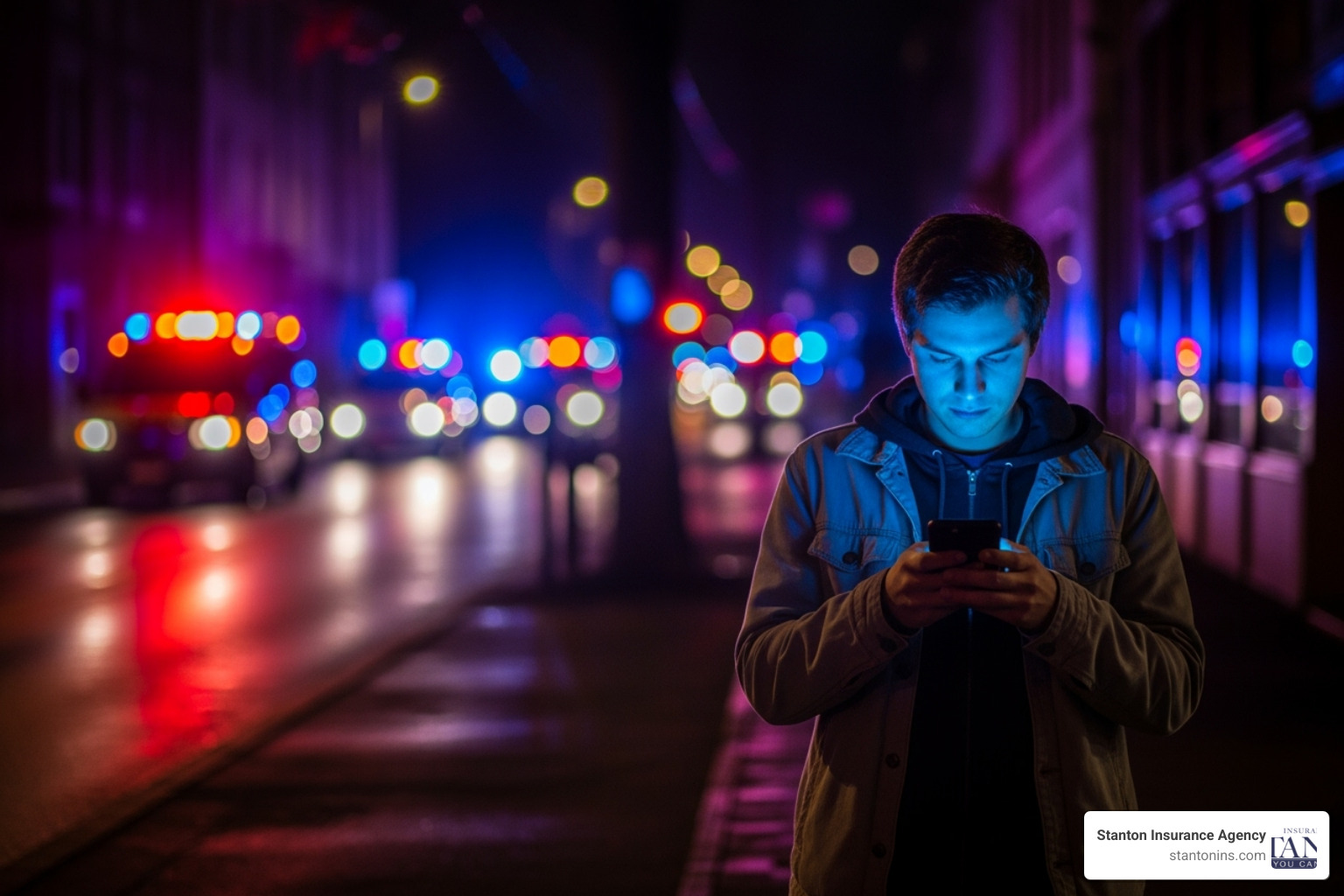 Person on their phone with emergency lights in the background. - auto insurance accident claim