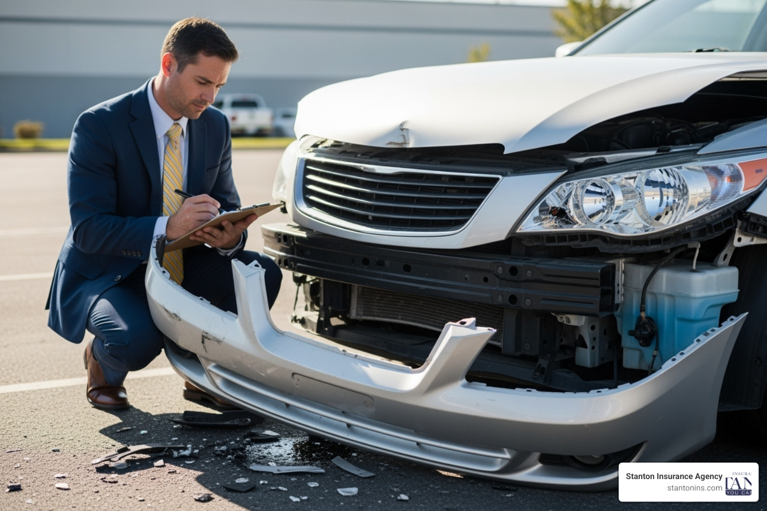 Insurance adjuster inspecting car damage with a clipboard. - auto insurance accident claim