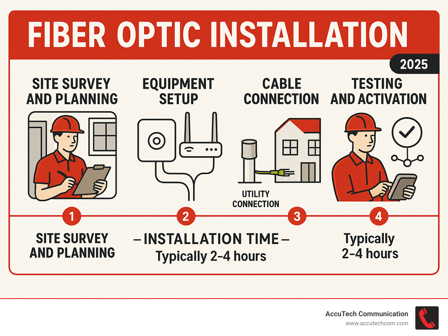 Comprehensive infographic showing fiber optic installation process from initial site survey through final testing, including equipment placement, cable routing methods, and performance verification steps with timeline indicators - Fiber optic installation infographic 
