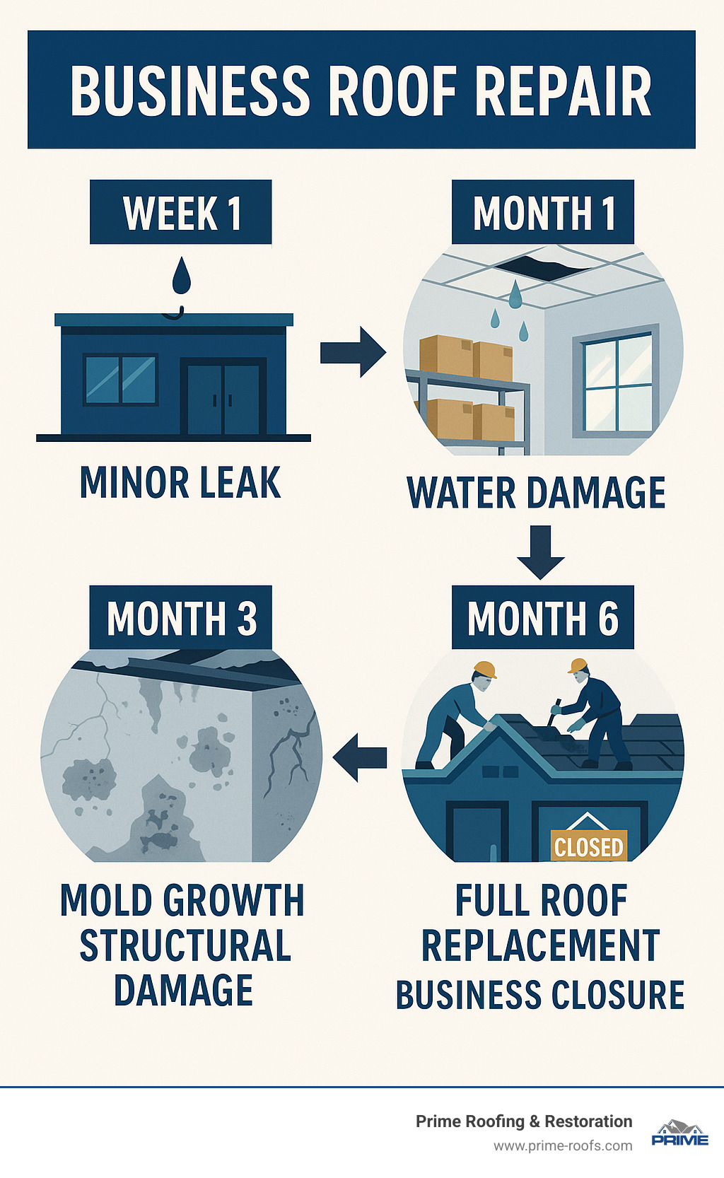 Infographic showing the timeline and consequences of delayed business roof repair: Week 1 shows minor leak formation, Month 1 displays water damage to ceiling tiles and inventory, Month 3 illustrates mold growth and structural damage, and Month 6 depicts full roof replacement needed with business closure - Business roof repair infographic 