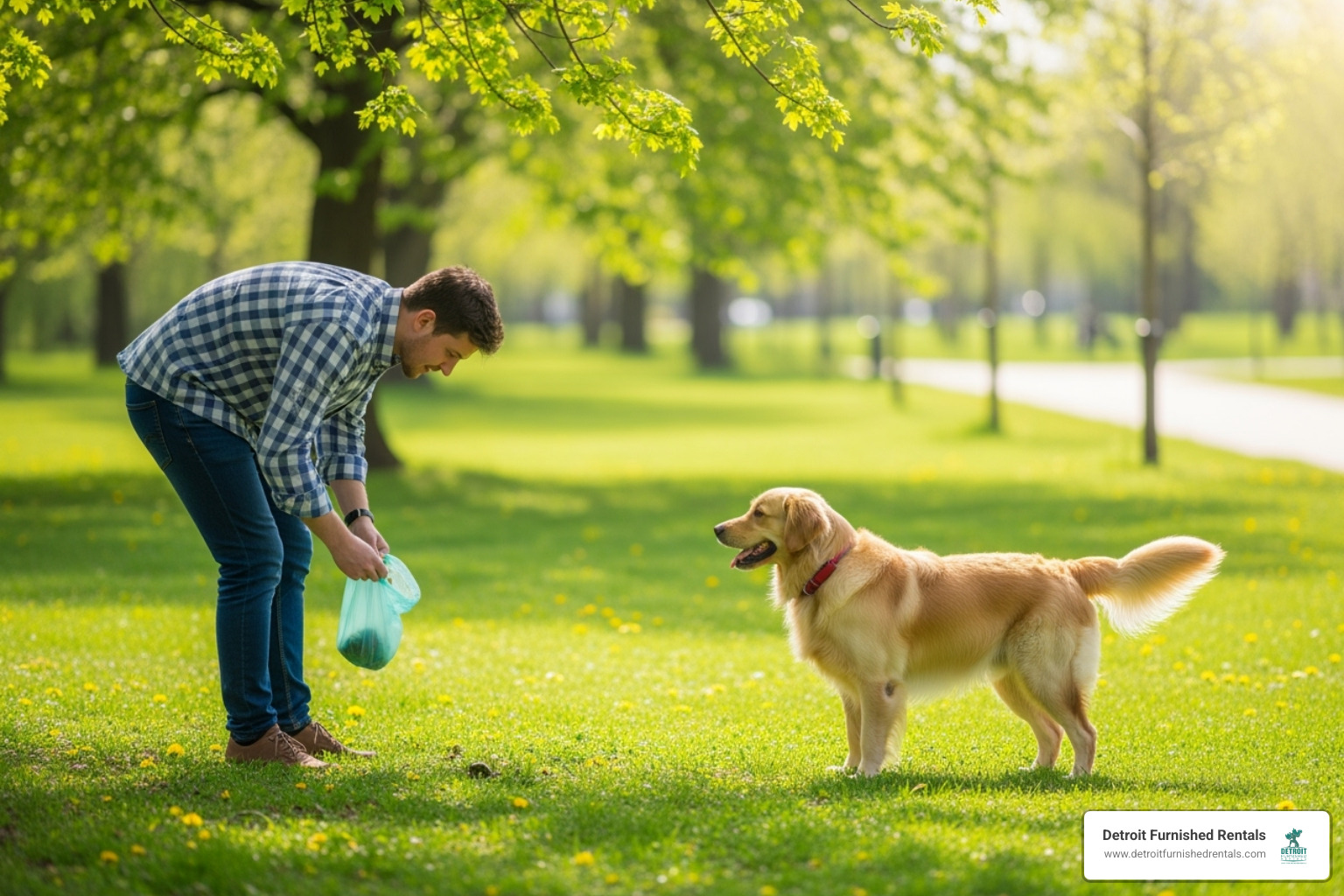 person cleaning up after dog in park - monthly rentals pet friendly