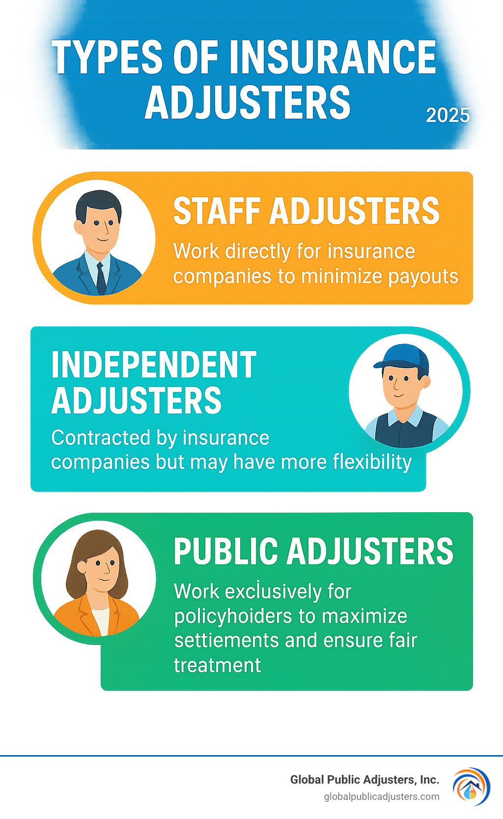 Infographic showing three types of insurance adjusters: Staff Adjusters (work directly for insurance companies to minimize payouts), Independent Adjusters (contracted by insurance companies but may have more flexibility), and Public Adjusters (work exclusively for policyholders to maximize settlements and ensure fair treatment) - Orlando public adjuster infographic 