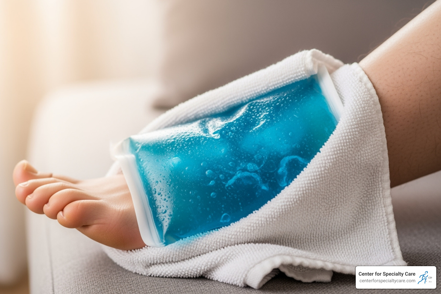image of a properly wrapped ice pack on an ankle with a towel barrier - ice pack for tendonitis image of a properly wrapped ice pack on an ankle with a towel barrier - ice pack for tendonitis