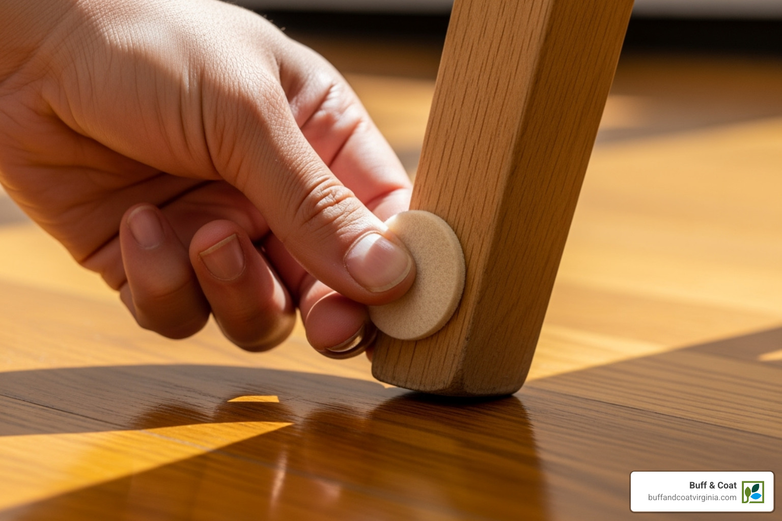 felt pads being applied to a chair leg - how to fix scuffs on hardwood floors felt pads being applied to a chair leg - how to fix scuffs on hardwood floors