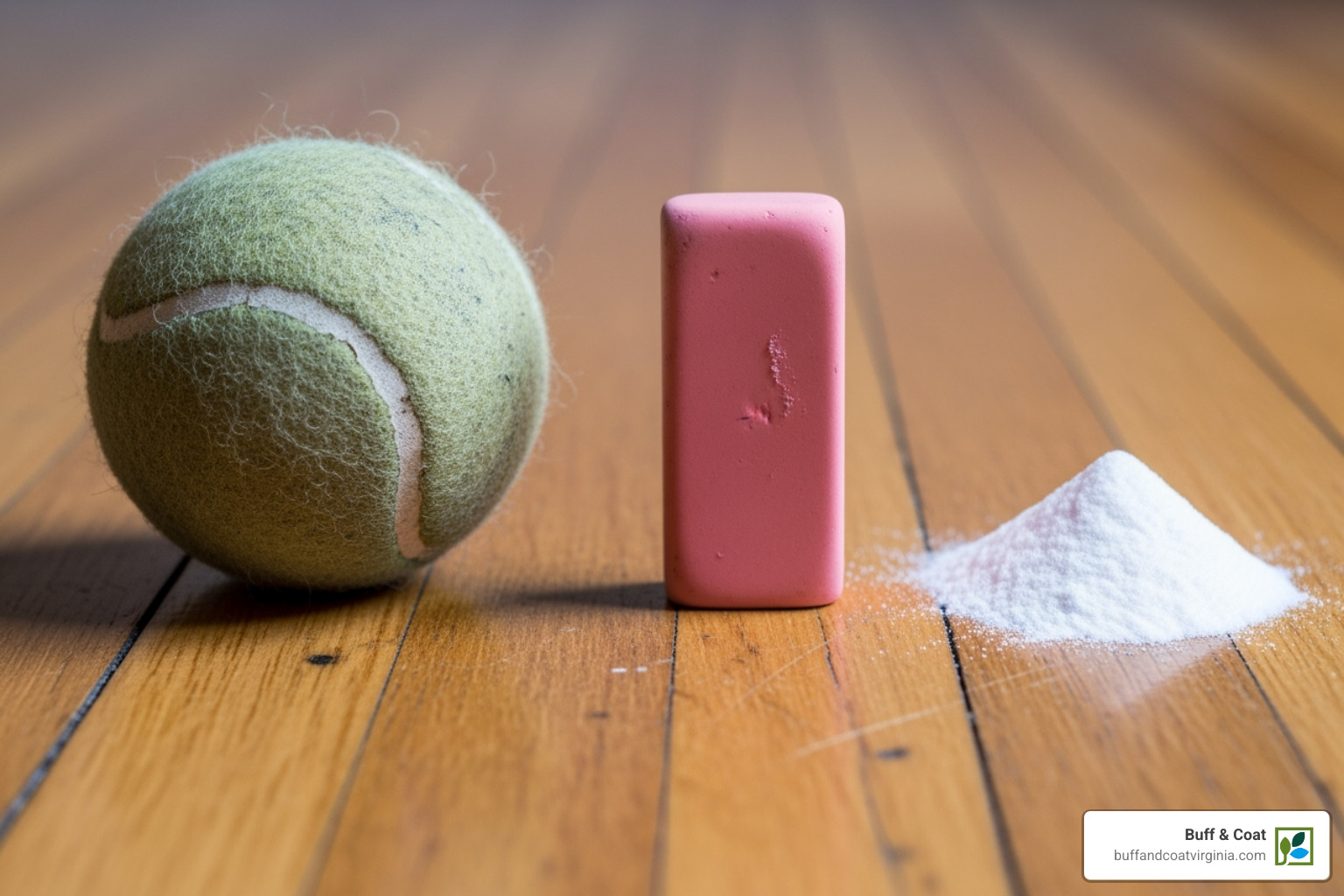 various household items like a tennis ball, eraser, and baking soda next to a scuffed floor - how to fix scuffs on hardwood floors various household items like a tennis ball, eraser, and baking soda next to a scuffed floor - how to fix scuffs on hardwood floors