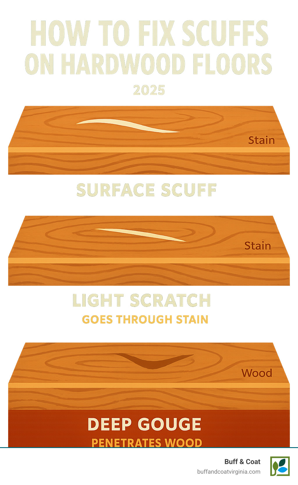 infographic showing the difference between surface scuffs that only affect the protective finish, light scratches that go through the finish to the stain, and deep gouges that penetrate into the actual wood - how to fix scuffs on hardwood floors infographic infographic showing the difference between surface scuffs that only affect the protective finish, light scratches that go through the finish to the stain, and deep gouges that penetrate into the actual wood - how to fix scuffs on hardwood floors infographic