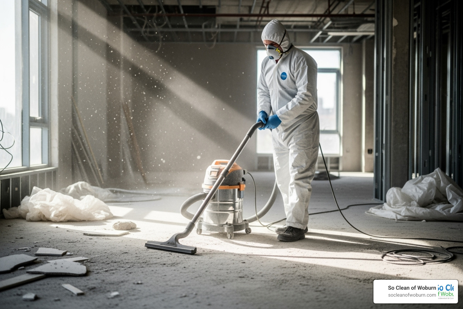 Image of a cleaner in full PPE using a HEPA filter vacuum in a dusty environment - commercial construction cleaning services