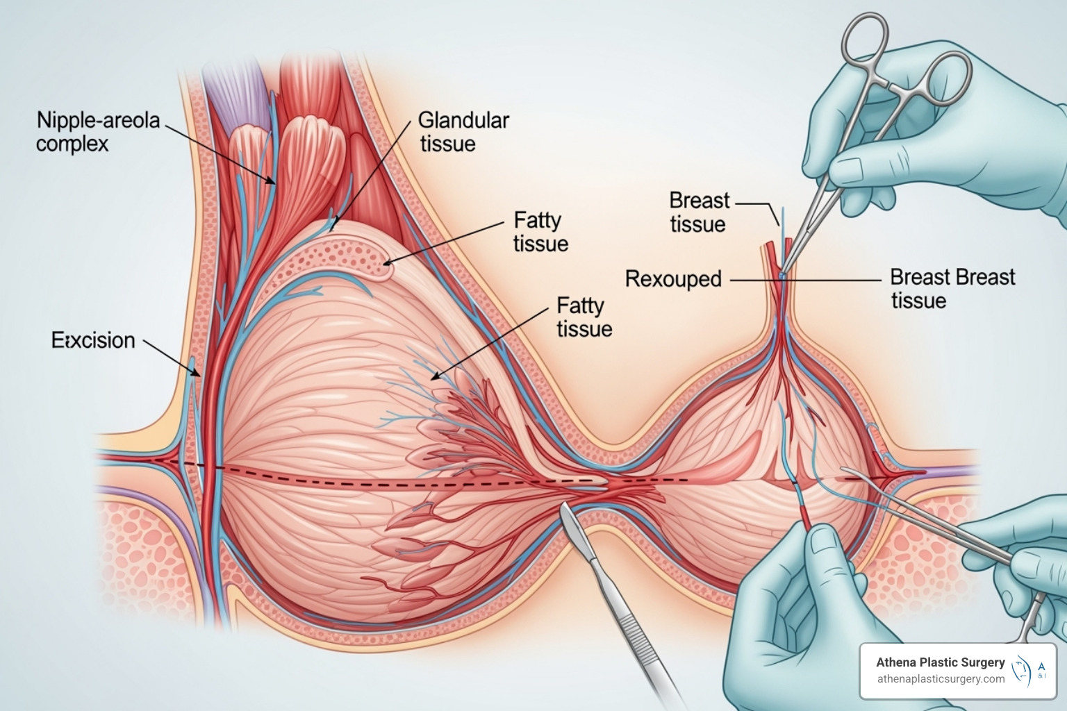 Image illustrating the removal of breast tissue and lifting of the breast - Breast reduction for back pain