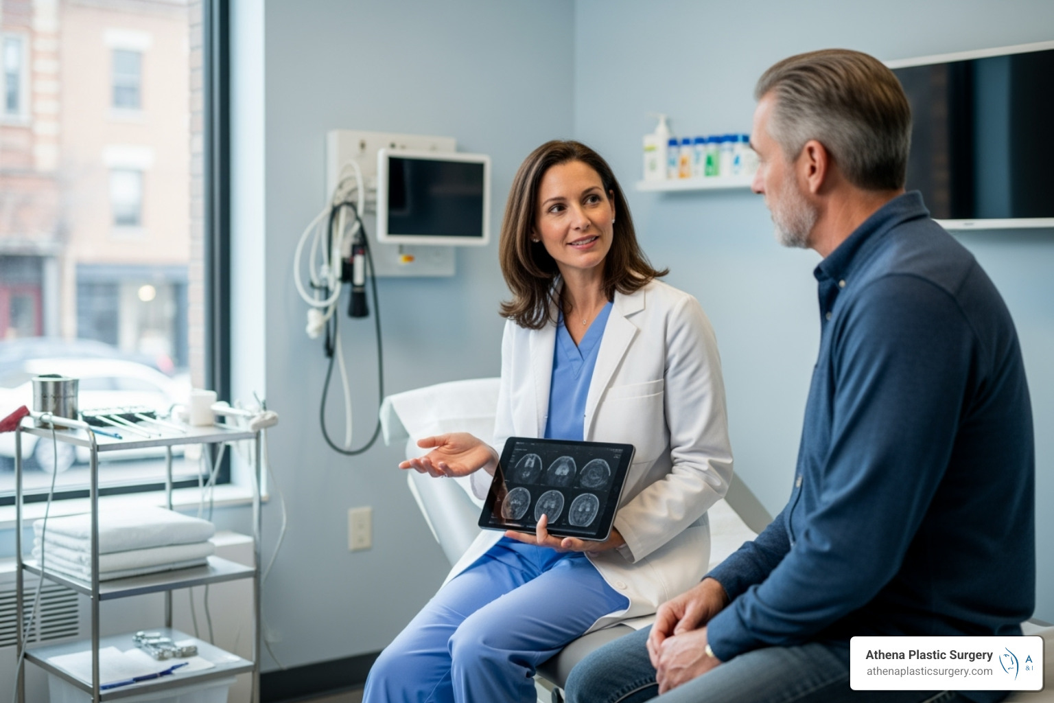 Image of a surgeon consulting with a patient - Breast reduction for back pain