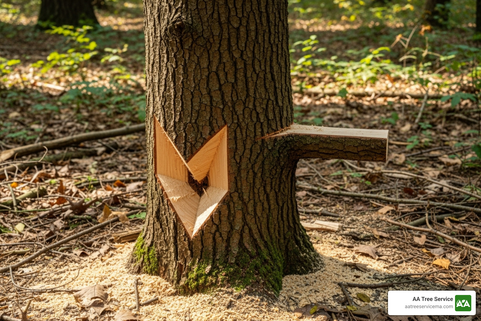 Proper felling technique for small tree removal with notch and back cuts - small tree removal