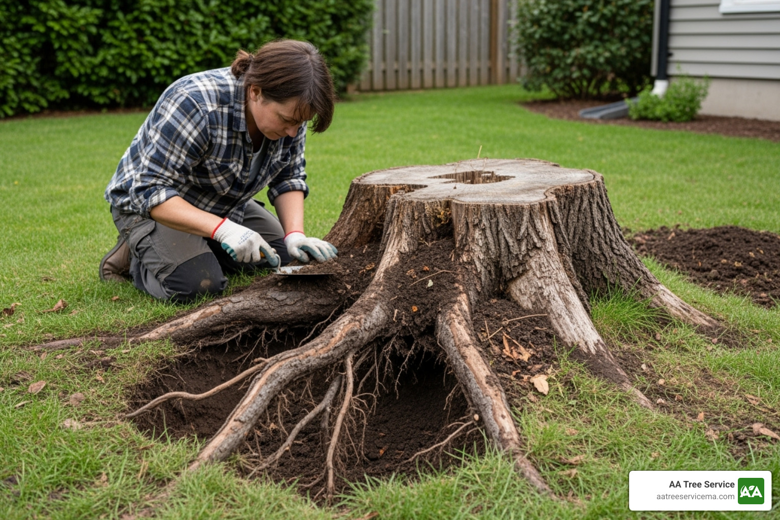 Person digging around a tree stump to expose roots - small tree removal
