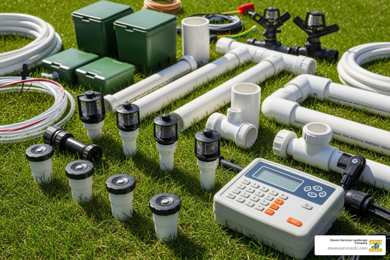 sprinkler system components: heads, controller, pipes - sprinkler system estimate