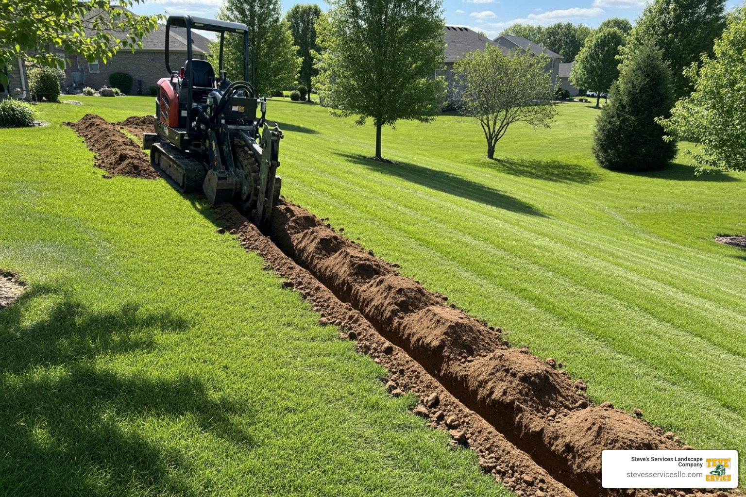 trenching machine digging line on sloped yard - sprinkler system estimate