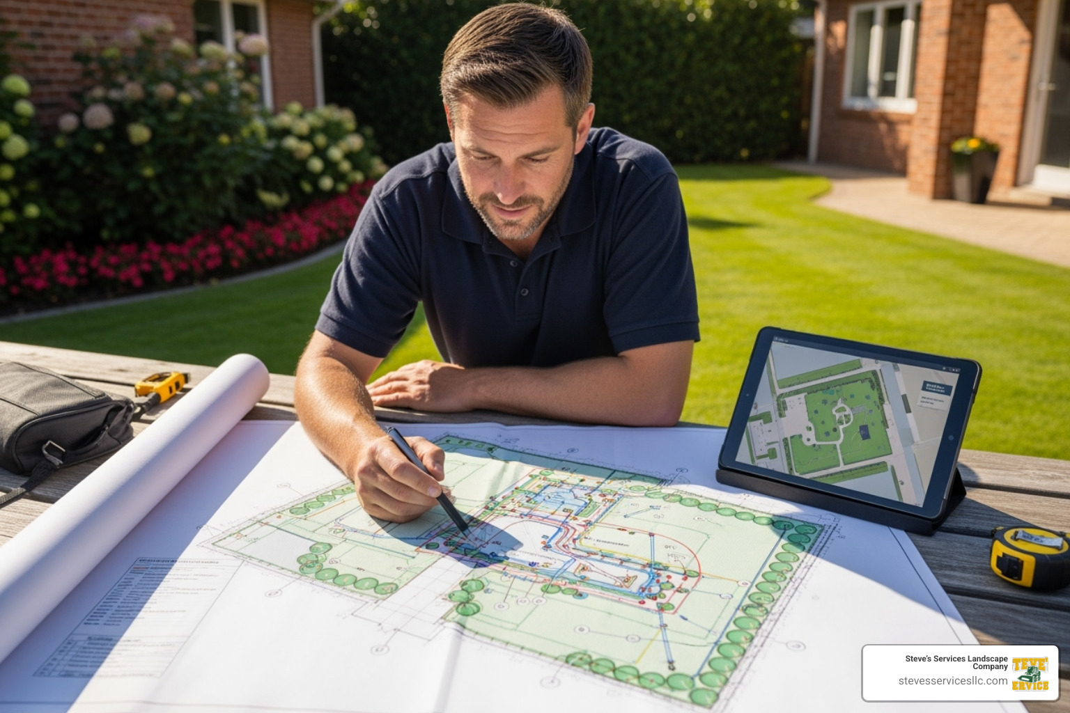 landscaping professional reviewing property plan - sprinkler system estimate