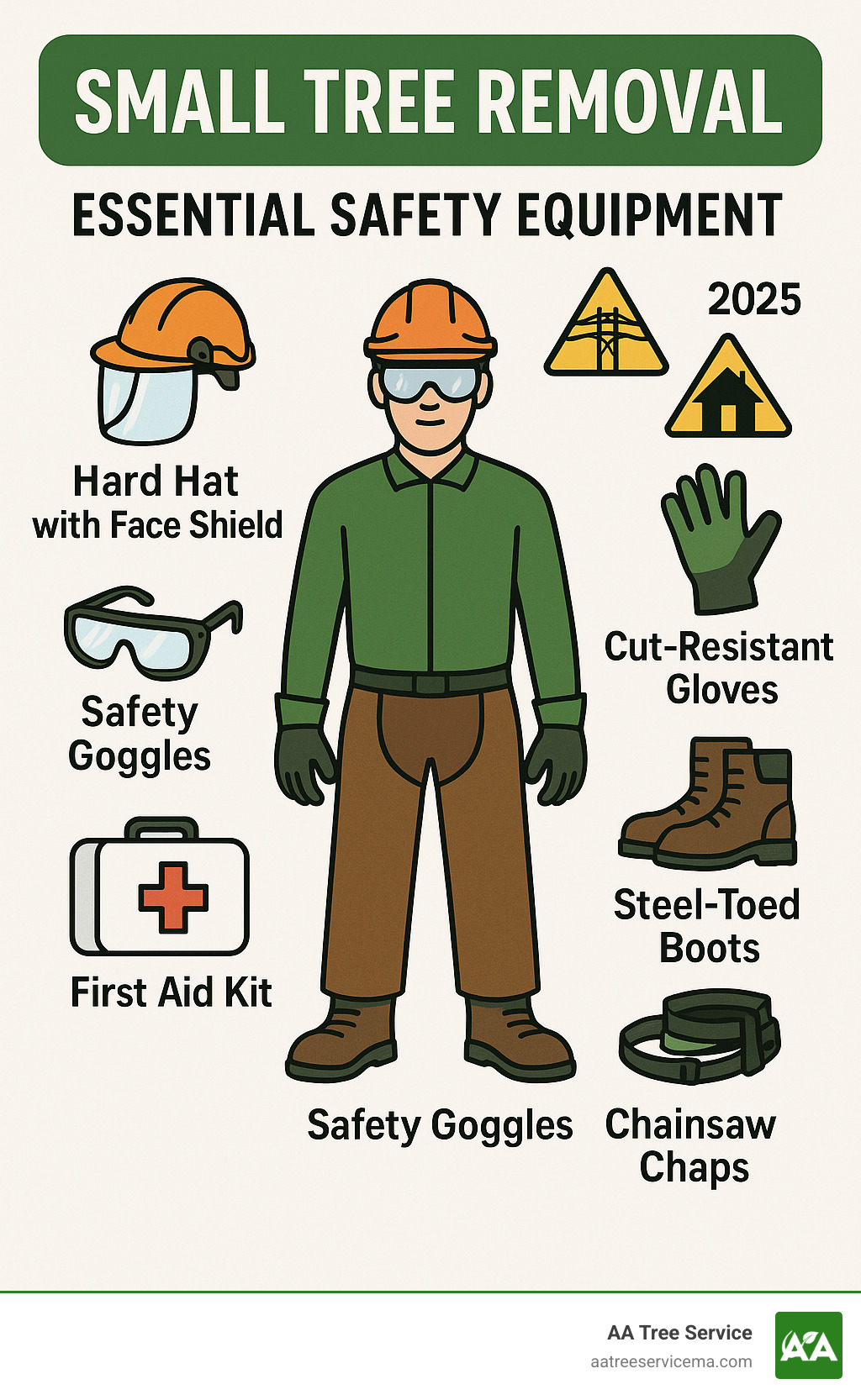 Infographic showing essential safety equipment for small tree removal including hard hat with face shield, safety goggles, steel-toed boots, cut-resistant gloves, long-sleeved shirt, chainsaw chaps, and first aid kit, with warning symbols for power lines and structures to avoid - small tree removal infographic 