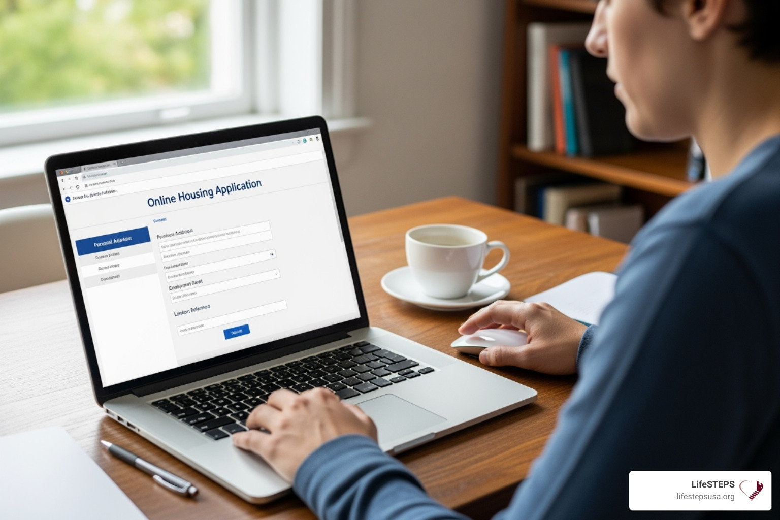 A person using a laptop to fill out an online housing application - help finding low income housing