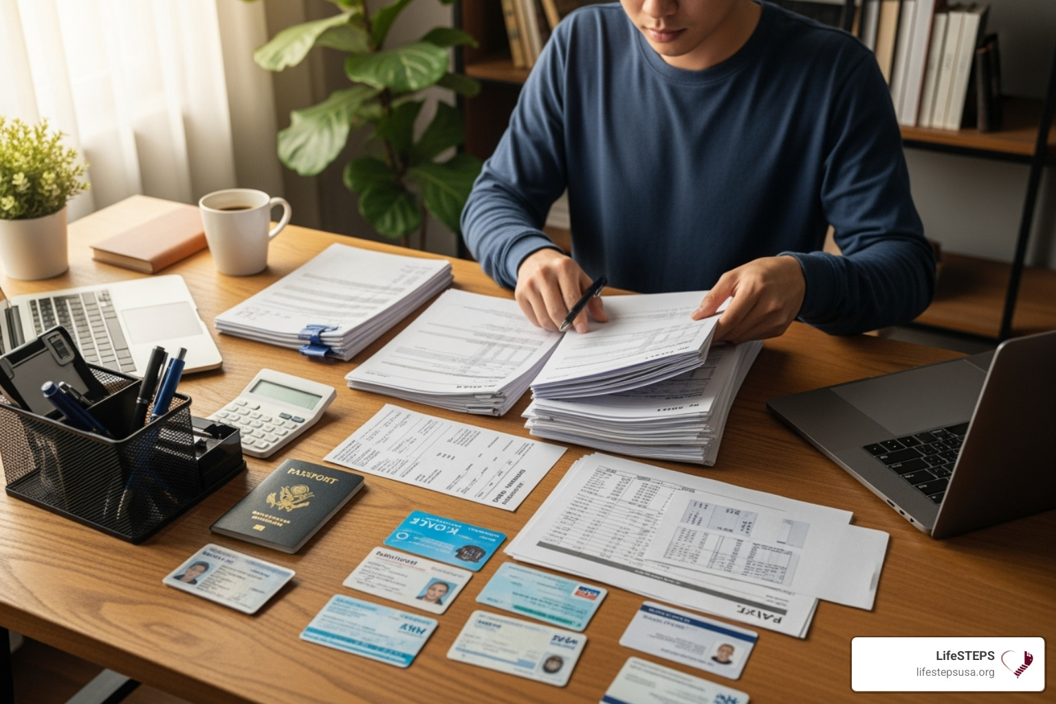 A person organizing documents like pay stubs and identification at a desk - help finding low income housing