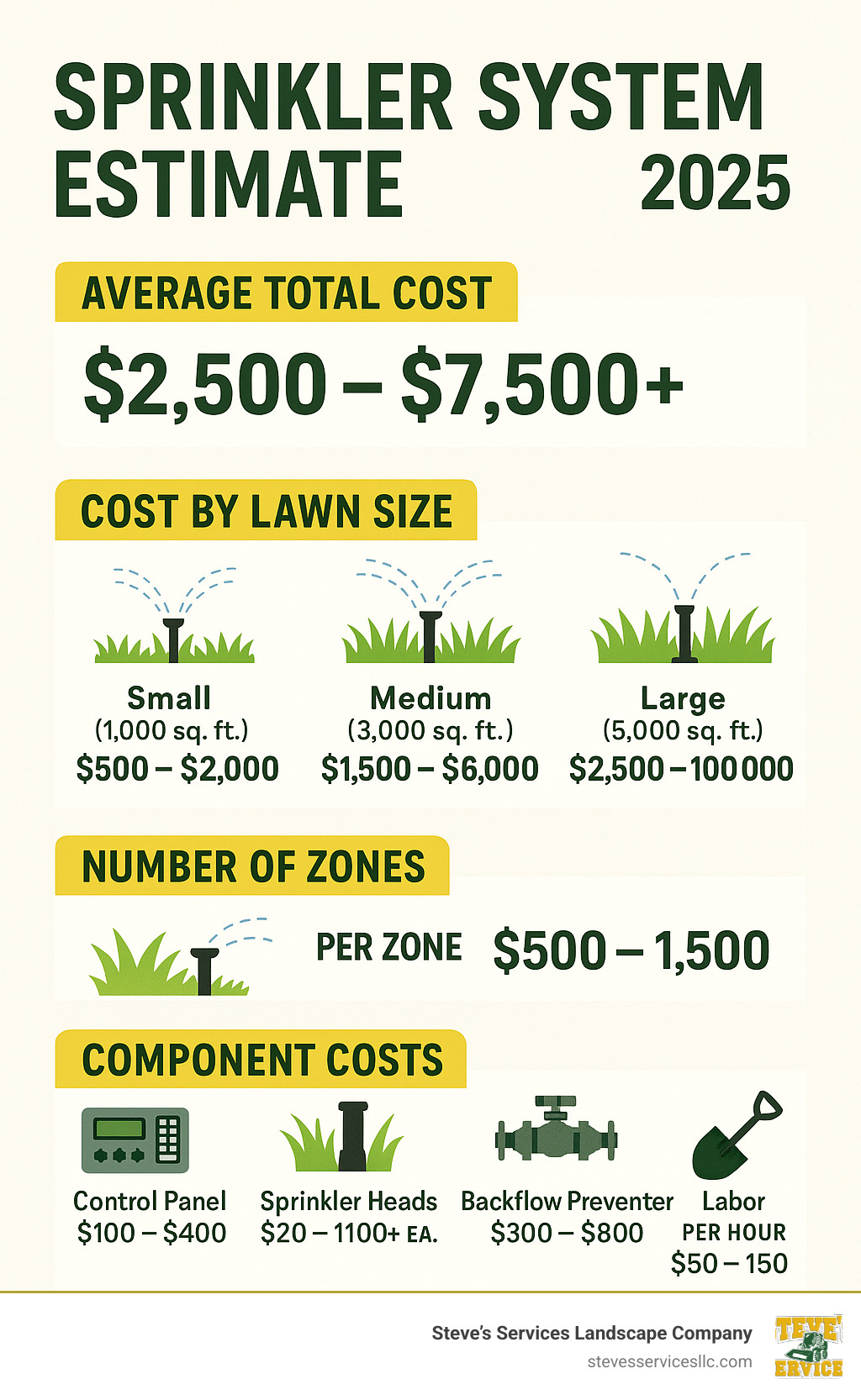 Detailed breakdown of sprinkler system installation costs showing average pricing for different lawn sizes, zone requirements, and component costs for Massachusetts homeowners - sprinkler system estimate infographic 