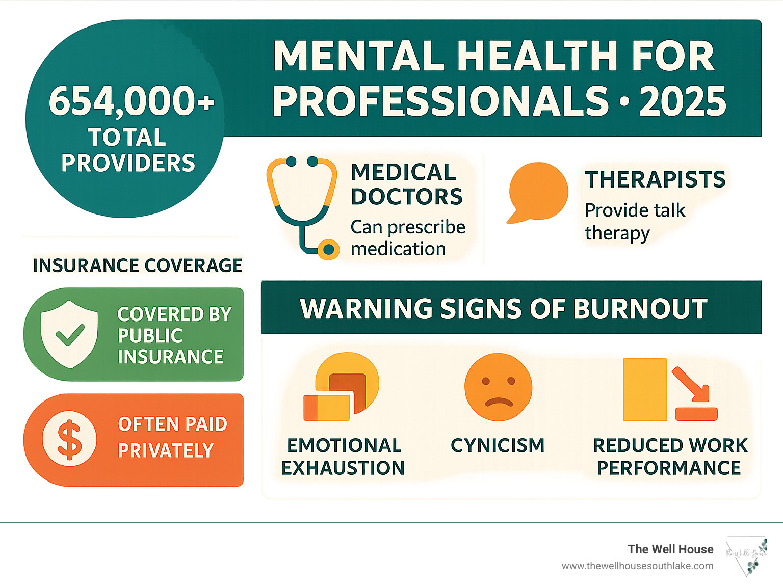 Infographic showing the breakdown of mental health professionals, types of services offered by medical doctors versus therapists, insurance coverage differences, and key warning signs of professional burnout including emotional exhaustion, cynicism, and reduced work performance - mental health for professionals infographic 