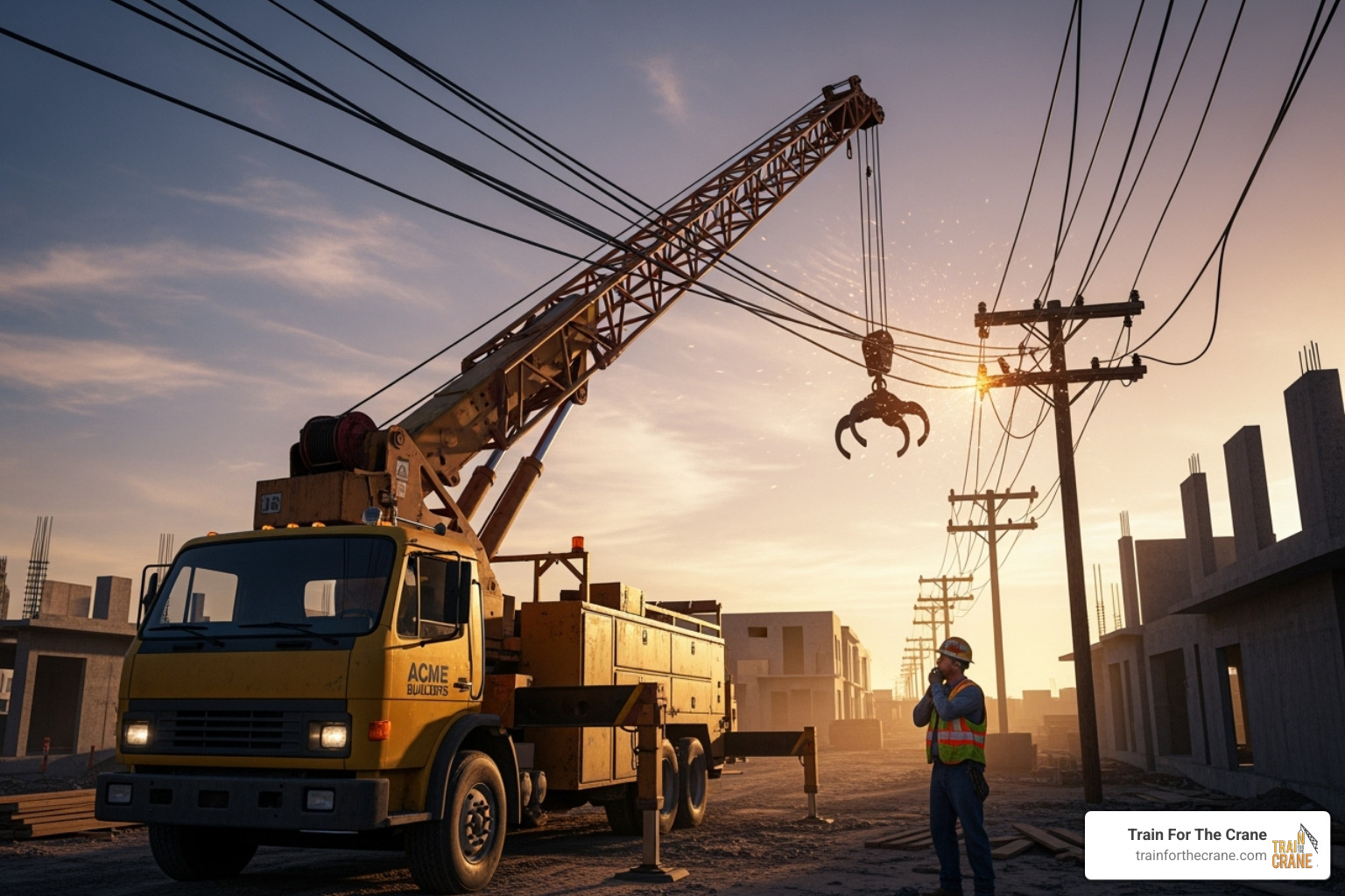 illustrating common boom truck hazards like power line contact or uneven ground - boom truck crane operator training illustrating common boom truck hazards like power line contact or uneven ground - boom truck crane operator training